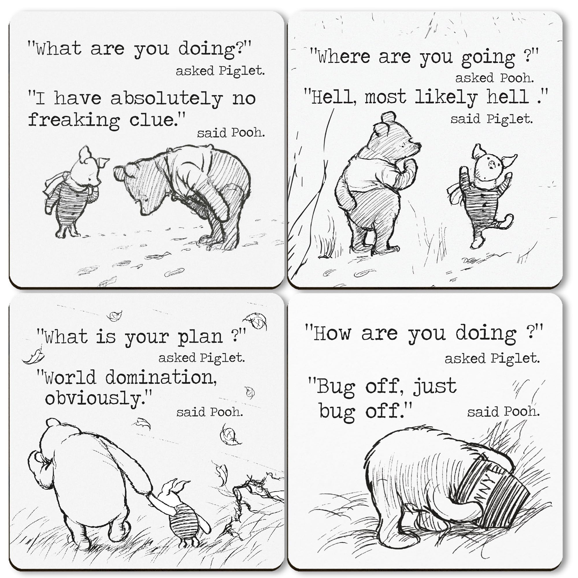 Dorothy Spring Funny Pooh Coasters – Set of 4 Sarcastic Drink Coasters Humorous Gift for Friend with Cork Backing