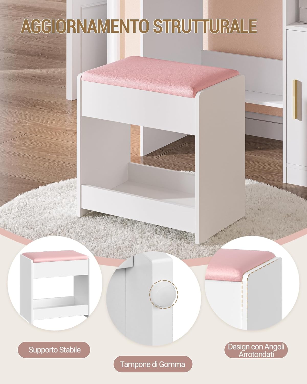 Close-up images highlighting stable support, rubber buffers, and rounded corner design of the stool