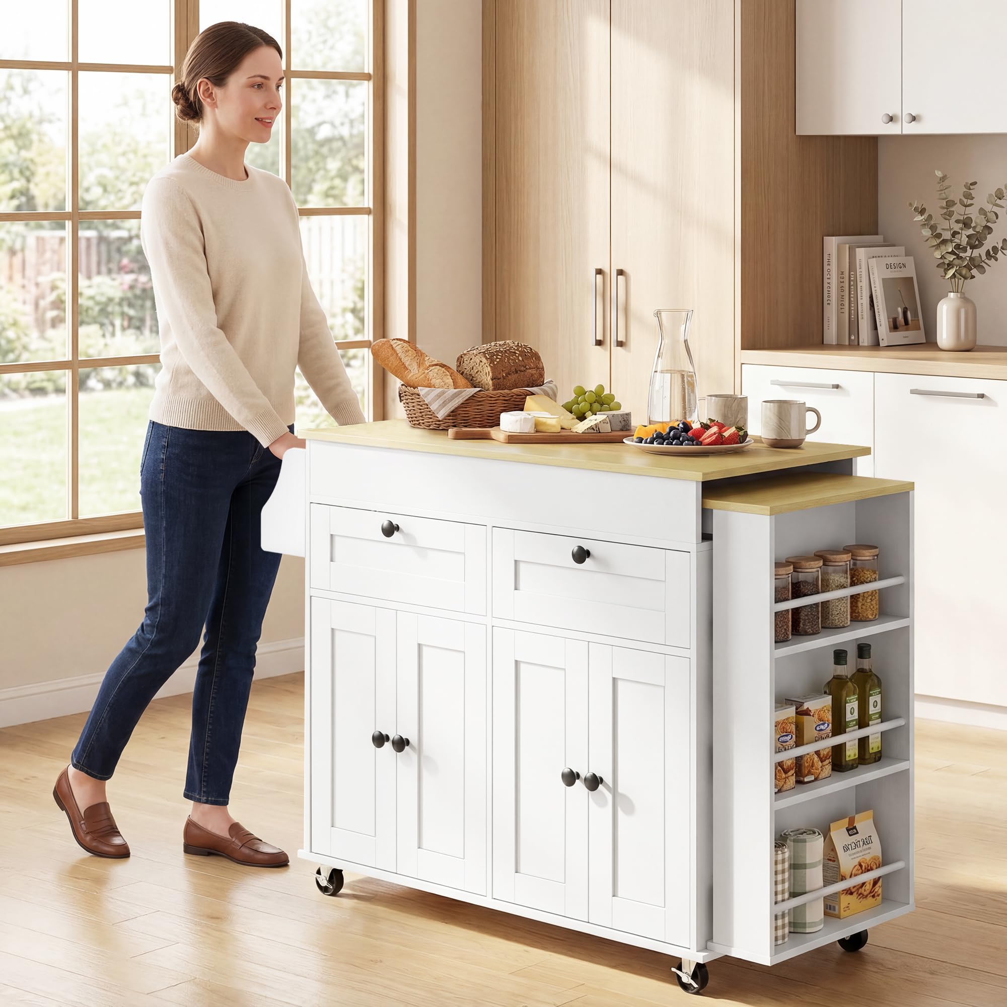 HOMCOM Îlot Central Cuisine avec Plateau Extensible, Desserte de Cuisine sur roulettes avec 2 Tiroirs, 4 Portes, Porte-Serviettes et Porte-Épices, Style Rustique,127,2-189,2 x 50 x 87,8 cm, Blanc