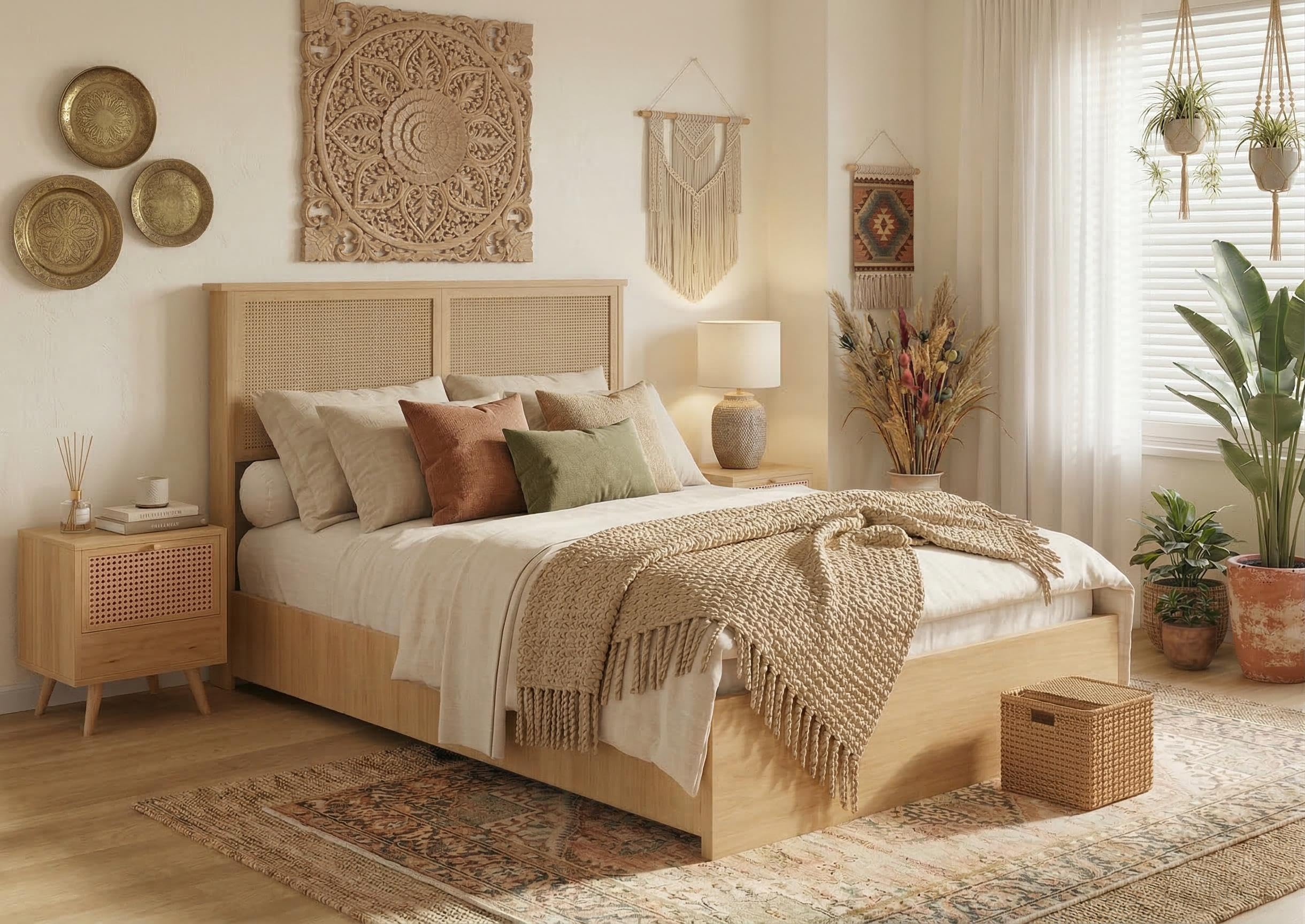 Photo 1 of Garvee Queen Size Rattan Bed Frame with 4 Drawers, Bohemian Queen Rattan Bed Frame with Natural Headboard, Platform Queen Size Bed with Wooden Legs, LED Lights, No Box Spring Needed