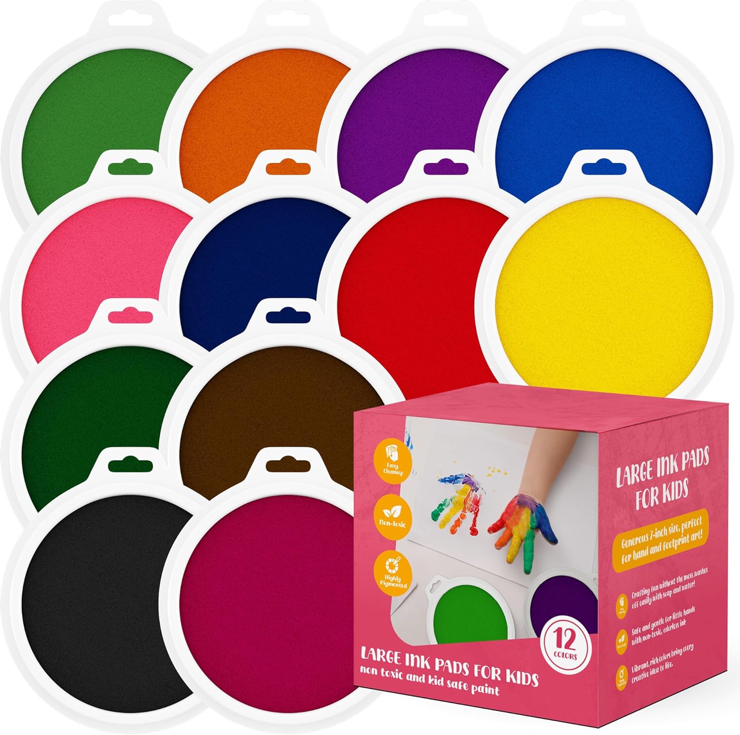 12 Pc Large Ink Pads for Kids - Washable Ink Pads for Kids - Hand/Handprint/Footprint Size - Washable Stamp Pads Kids Non Toxic Ink Pads for Stamps, Crafting, Finger Paint, Card Making,