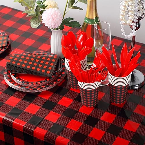 Miniatura 8 de 162 piezas de suministros de fiesta rojos y blancos para 20 invitados, 2 manteles a cuadros rojos con vajilla, suministros de fiesta de cuadros
