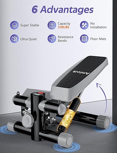 Miniatura 9 de Amicus Mini Stepper for Exercise, Adjustable Pedal Height Hydraulic Stair Stepper with Resistance Bands for Home with Digital Monitor, 330lbs Weight