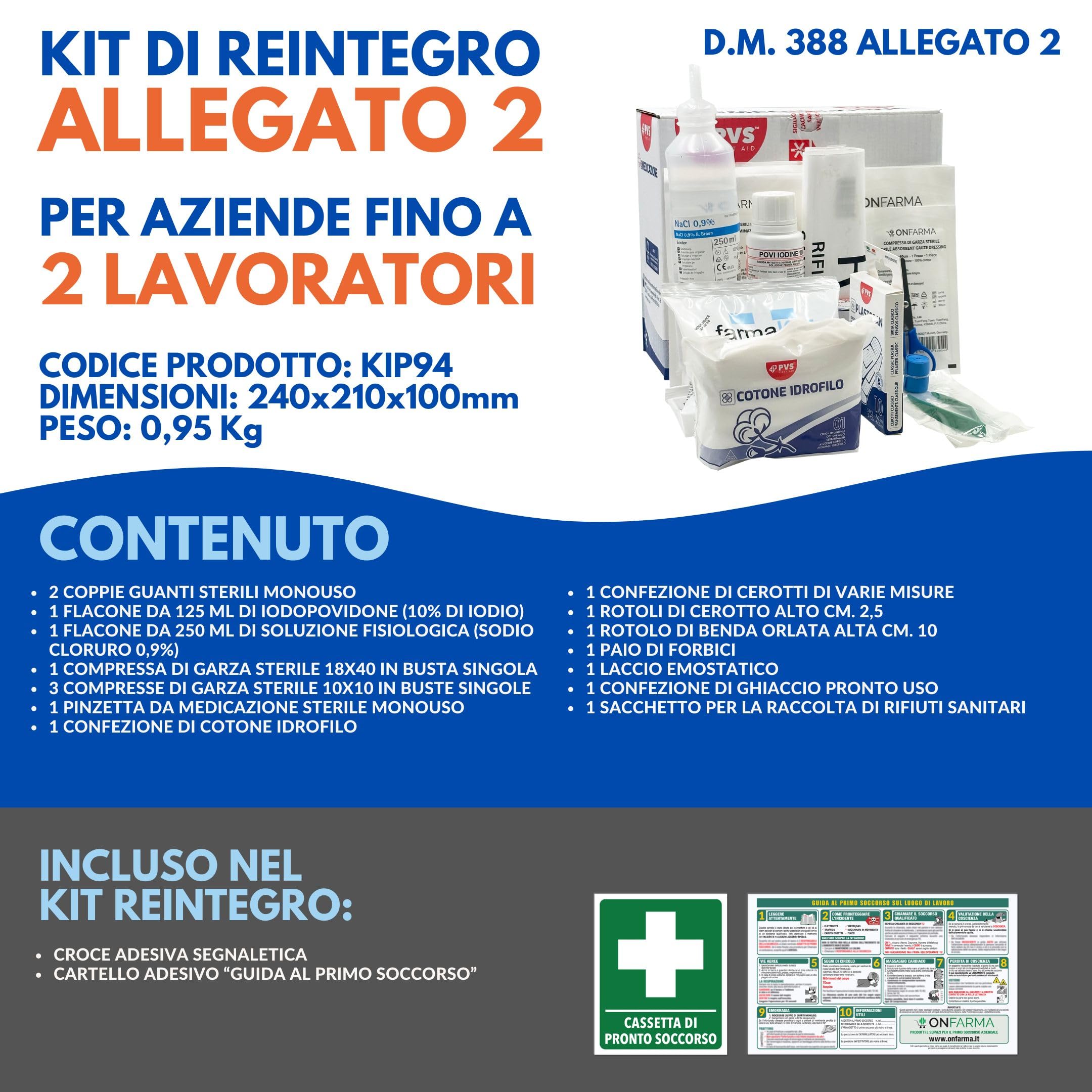 ONFARMA KIT REINTEGRO pronto soccorso pacchetto di medicazione COMPLETO DI CARTELLO PRIMO SOCCORSO conforme DM 388 allegato 2 per aziende fino a 2 lavoratori e mezzi aziendali