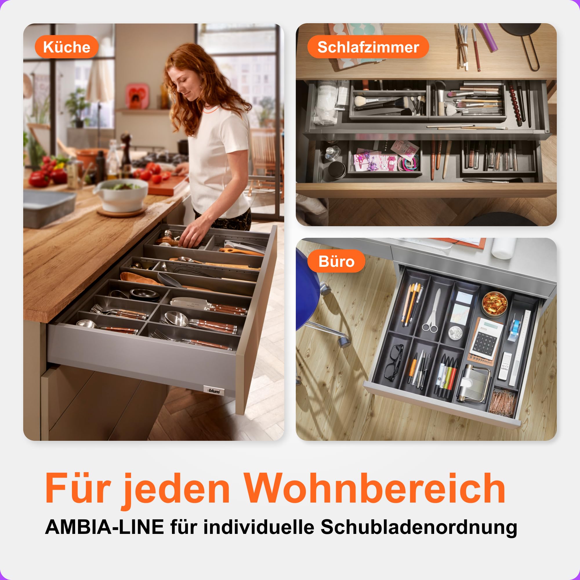Blum AMBIA-LINE Besteckkasten mit Soft-Touch | Premium Schubladen-Organizer für moderne Küchenschublade & Schrank | schützt, sortiert & ordnet Besteck und Küchenhelfer | 42,5×30×5,1 cm | Oriongrau