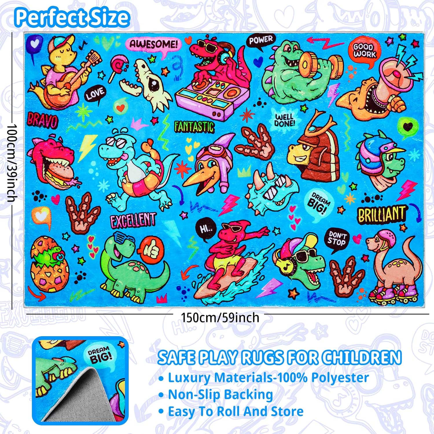 Dinosaur Graffiti Kids Rug 59"×39.4" Cozy Colorful Children's Play Mat with Words of Encouragement Cartoon Dinos Design Skin-Friendly Soft Play Rug Perfect for Bedroom Playroom Nursery Room Blue
