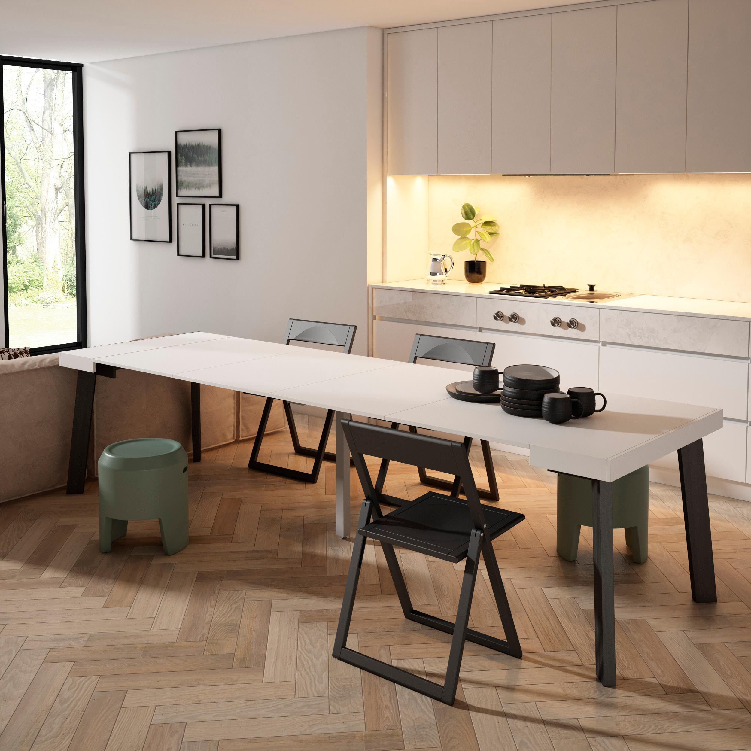 Skraut Home | Table Console Extensible | Console Meuble | 300 | pour 14 Personnes | Pieds en Bois | Style Moderne | Blanc