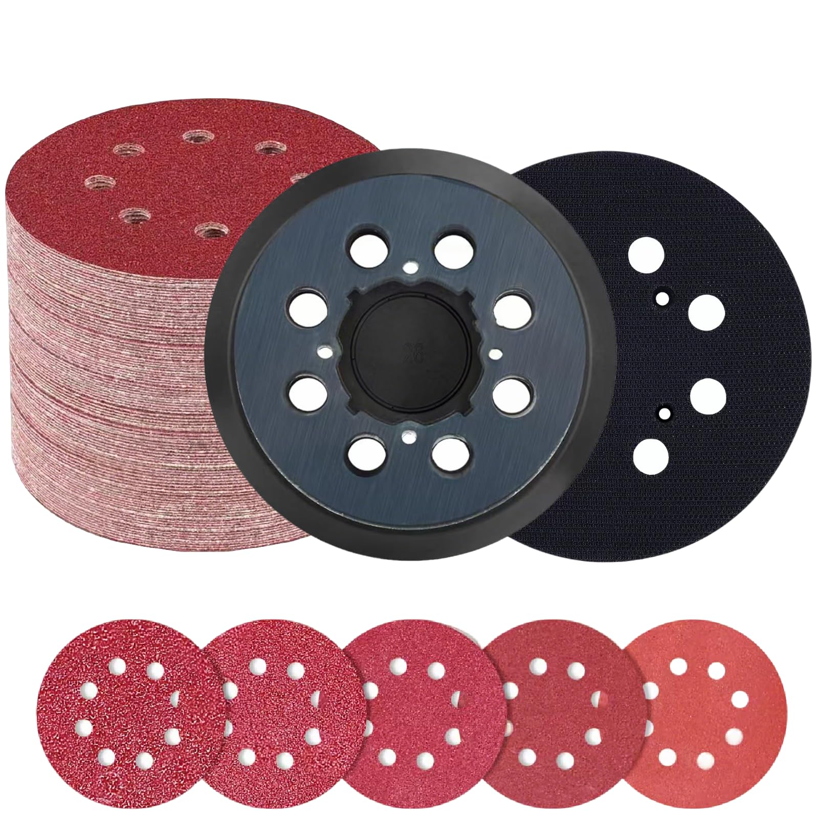 52 Pcs Sander Pad & Discs Combo Kit for DeWalt | 2 Pack 5'' 8-Hole Hook & Loop Pads + 50 Sanding Discs | Compatible with DWE6421/DWE6423/DCW210B/