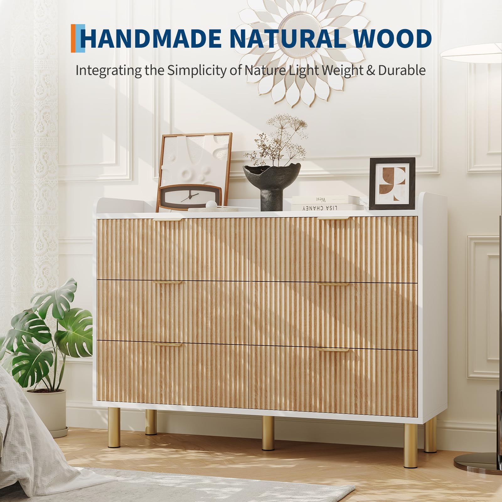 Garvee Cassettiera moderna 6 cassetti 120 cm per camera da letto - Comò bianco in legno scanalato, design curvo, maniglie e gambe in metallo dorato - Colore: Bianco + venatura legno naturale