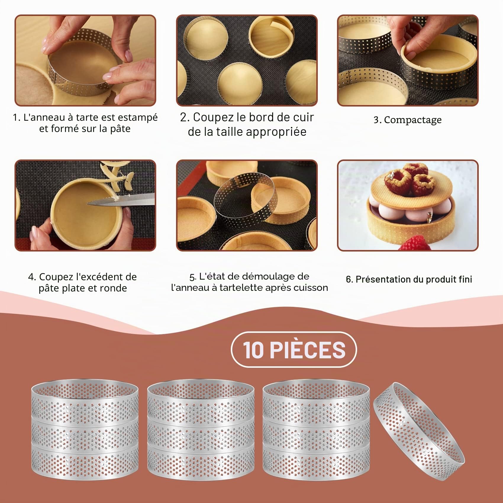 Lot de 10 moules en acier inoxydable, 6 cm, ronds, perforés, pour desserts, pour tartes aux fruits, quiches, mousse, avec revêtement antiadhésif, ustensiles de cuisine inoxydables