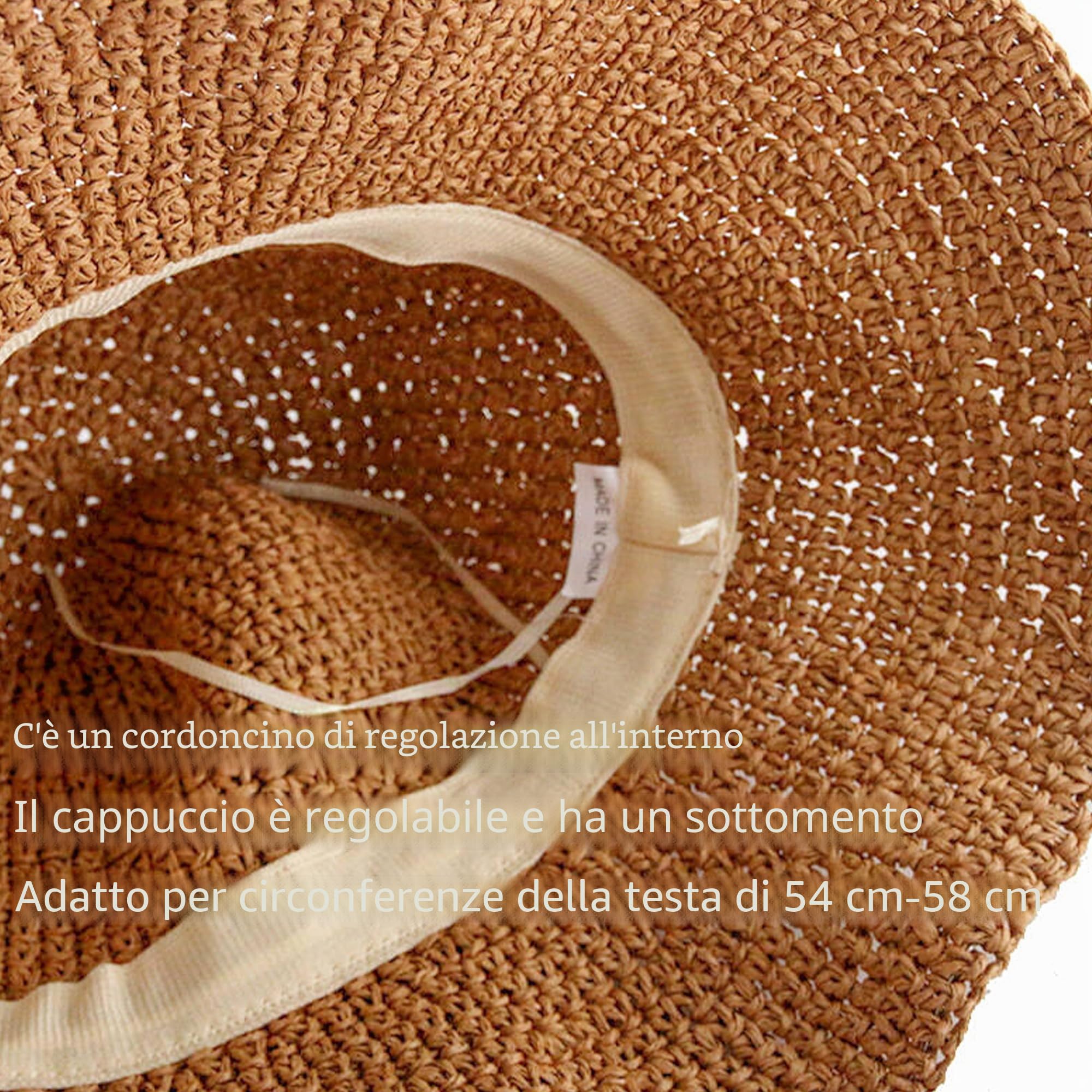 Cappello di paglia floppy da donna all'uncinetto morbido cappello da sole da spiaggia da viaggio grande cappello da secchio estivo pieghevole medio