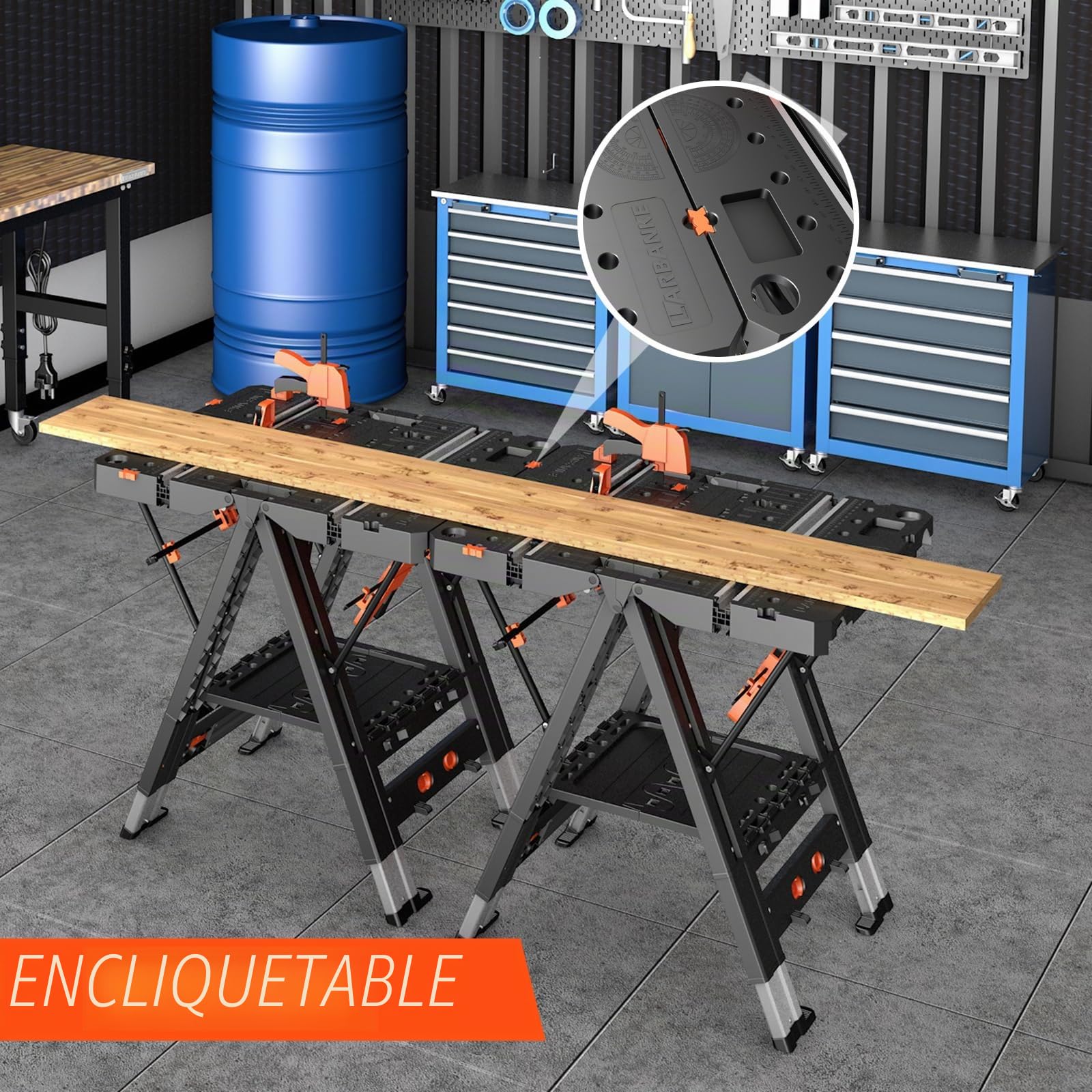 LARBANKE Établi pliable, 2 en 1, étanche, table de travail pliable, 79 x 63,5 x 82 cm, table de travail réglable en hauteur avec 4 serre-joints, 4 blocs de connexion, 2 blocs de délimitation