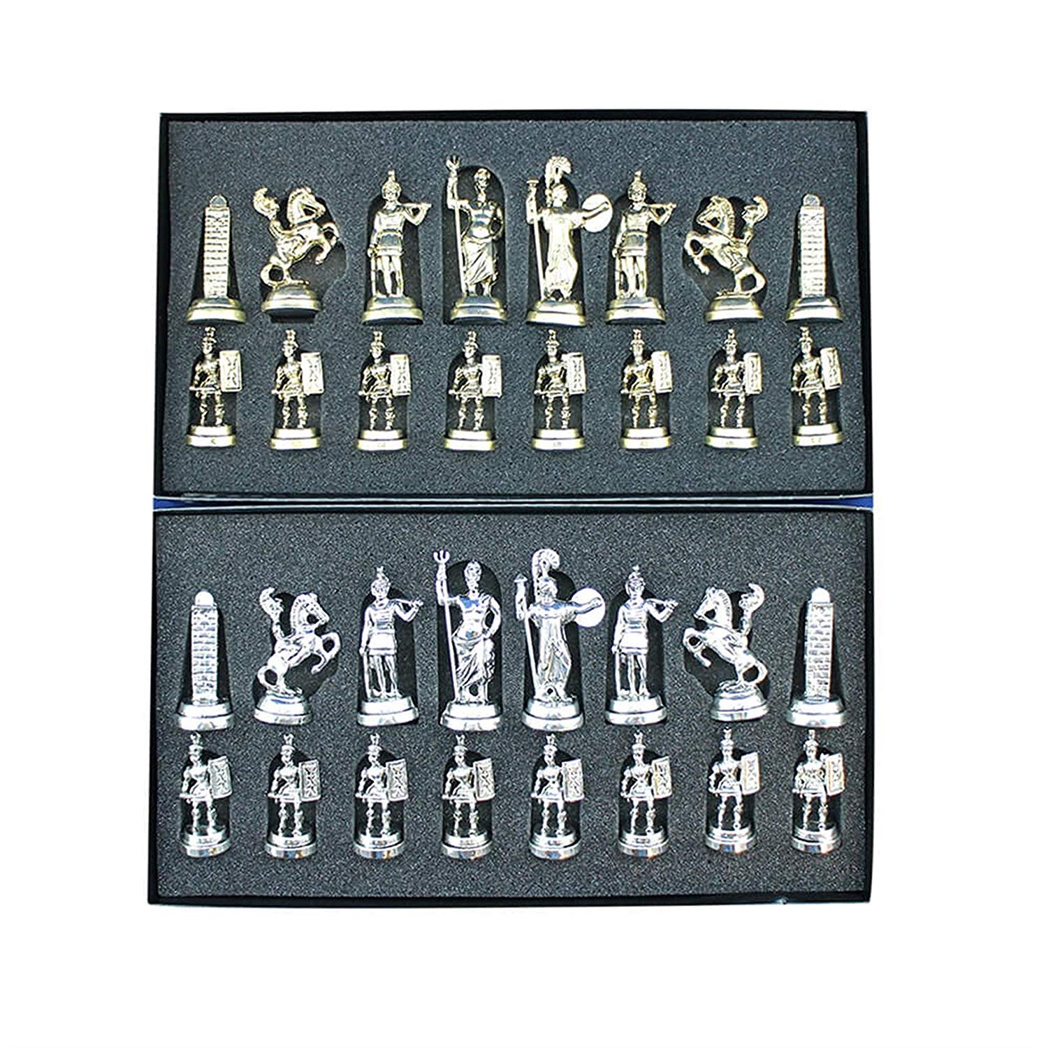 GiftHome Historische römische Figuren aus Metall Schachset für Erwachsene, handgefertigte coole Stücke und Perlmutt gemustertes Holz Schachbrett König 7,1 cm