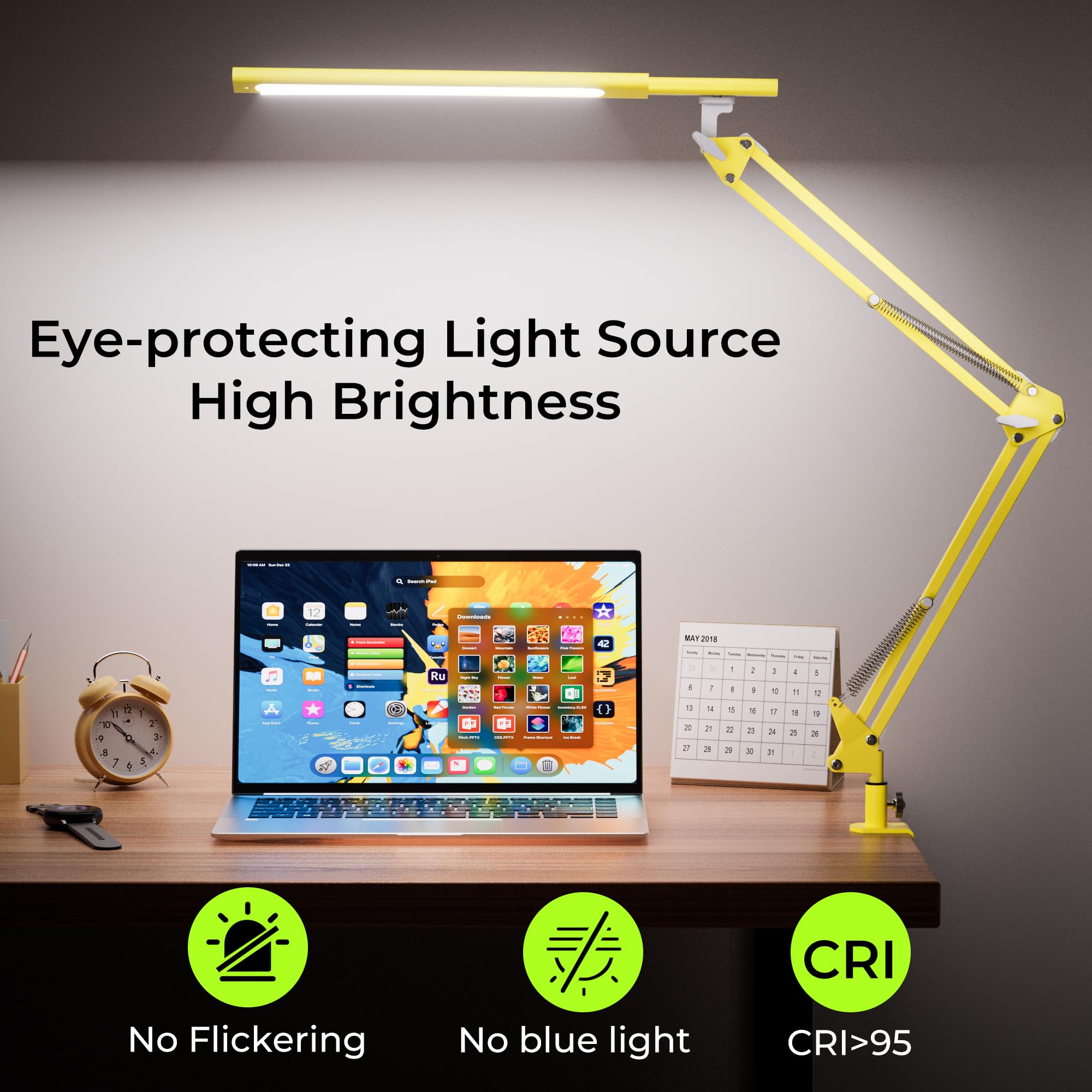 Lampada da scrivania a LED, lampada da scrivania per casa, ufficio, protezione degli occhi, lampada diurna, 5 temperature di colore e luminosità regolabili, con adattatore QC 3.0, 12 W, giallo