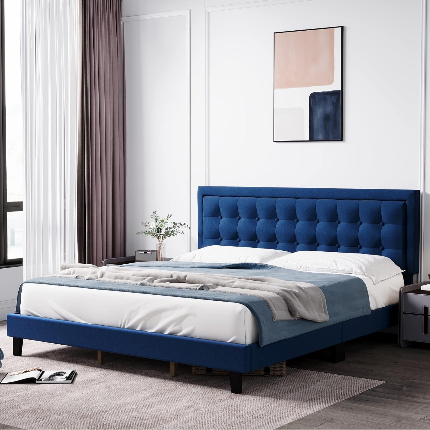 Senfot King Size Platform Bed Frame with Upholstered Button Tufted Headboard, Metal Foundation with Wood Slats Support No Box Spring Needed for Bedroom in Blue