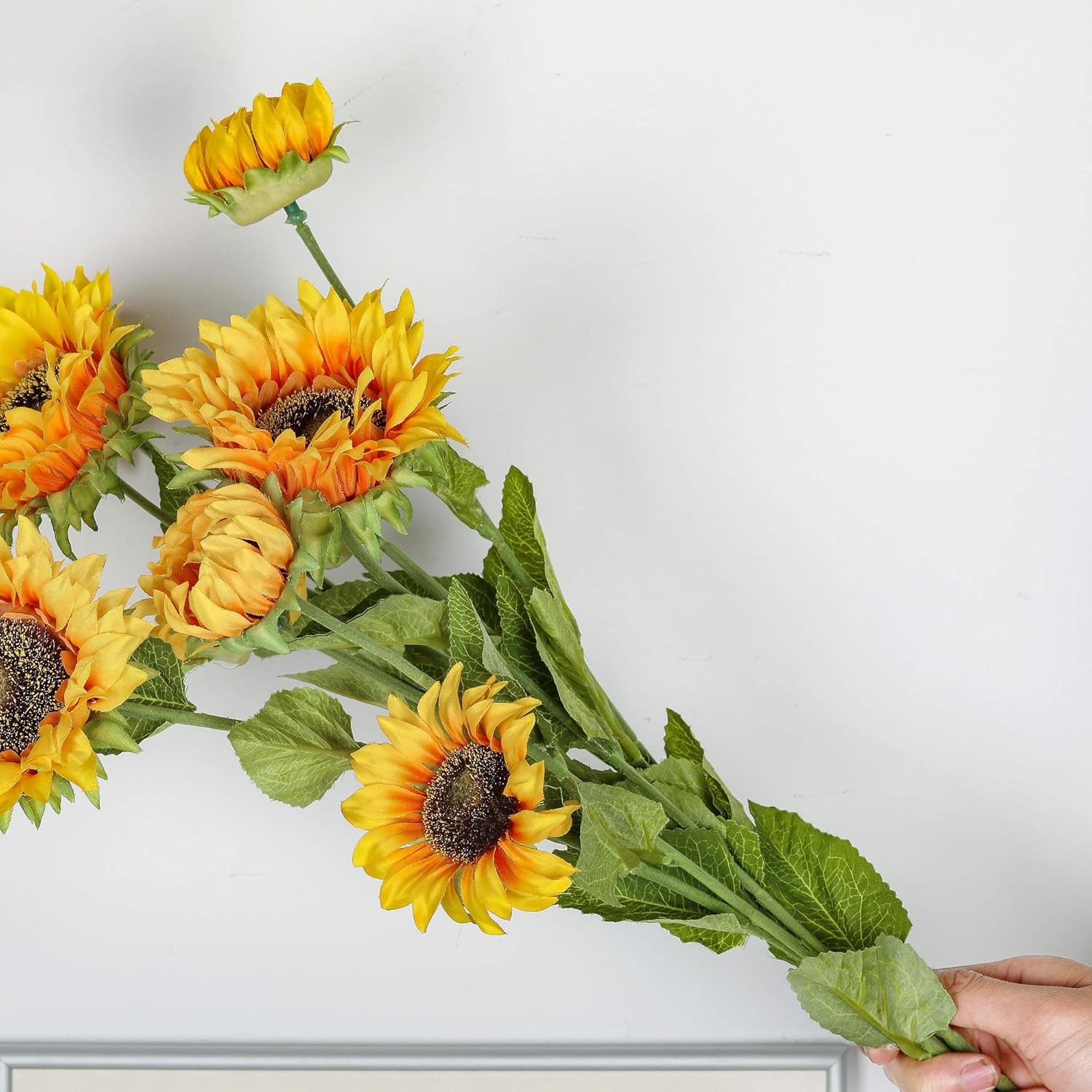 Artificial Sunflowers 6pcs 29'' Long Stem Branch with 3pcs Artificial Flowers for Wedding Bridal Bouquet Home Decoration Housewarming Gift Centerpieces Baby Shower Reception(Deep Yellow)