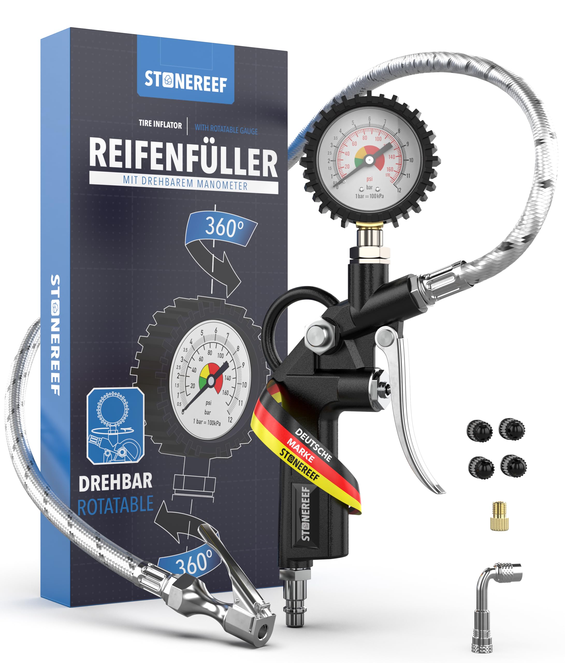 Reifenfüller mit drehbarem Manometer [inkl. Adapter & Ersatzkappen] – Reifendruckfüller für Werkstatt, Auto und Fahrrad – Reifenfüller mit Schlauch und Luftdruckprüfer für Kompressor
