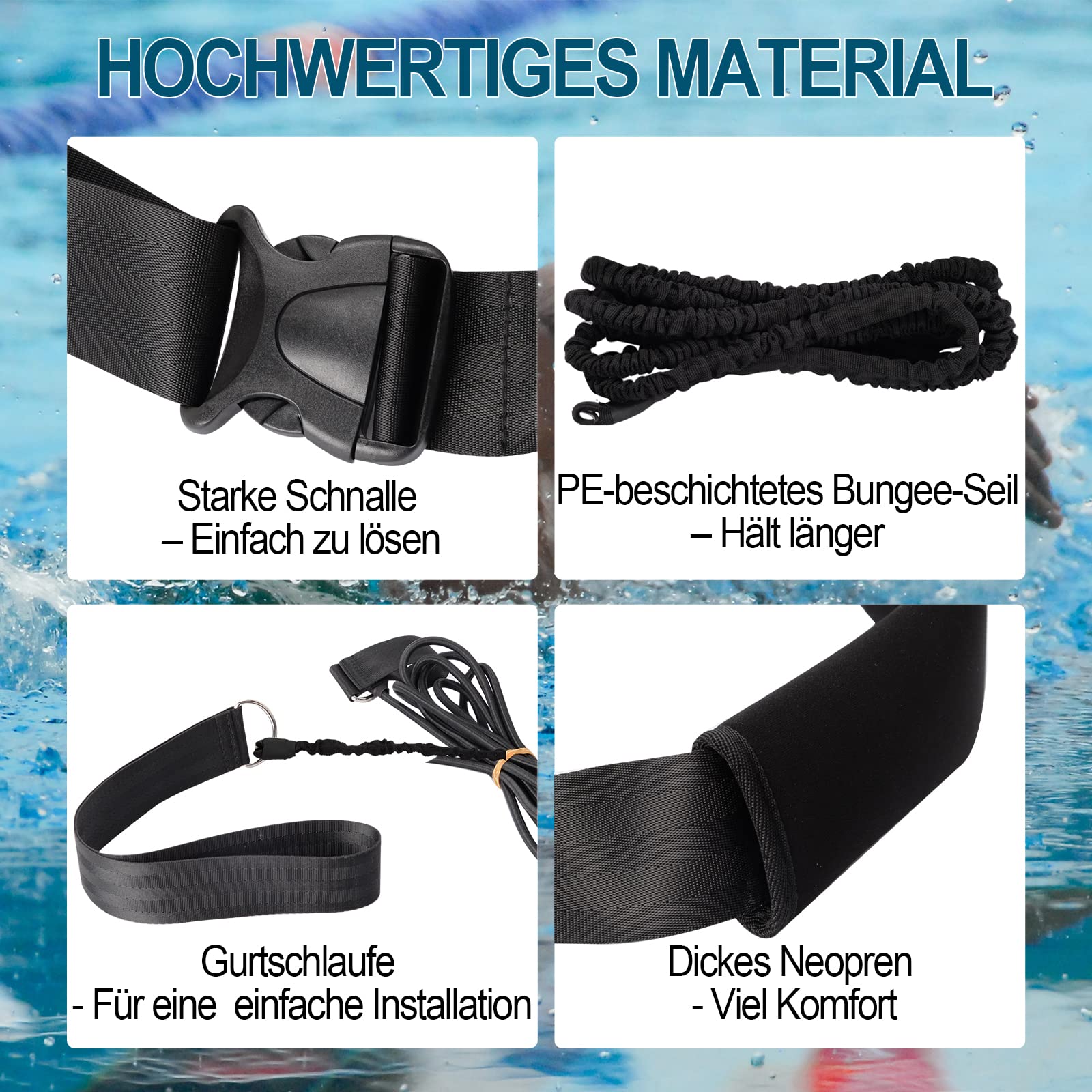 BOOSTEADY Schwimmgurt für Pool 3.6M Einstellbare Schwimmwiderstand Gürtel Schwimmhilfe Schwimmtrainer Gürtel Leine für Kinder Erwachsene