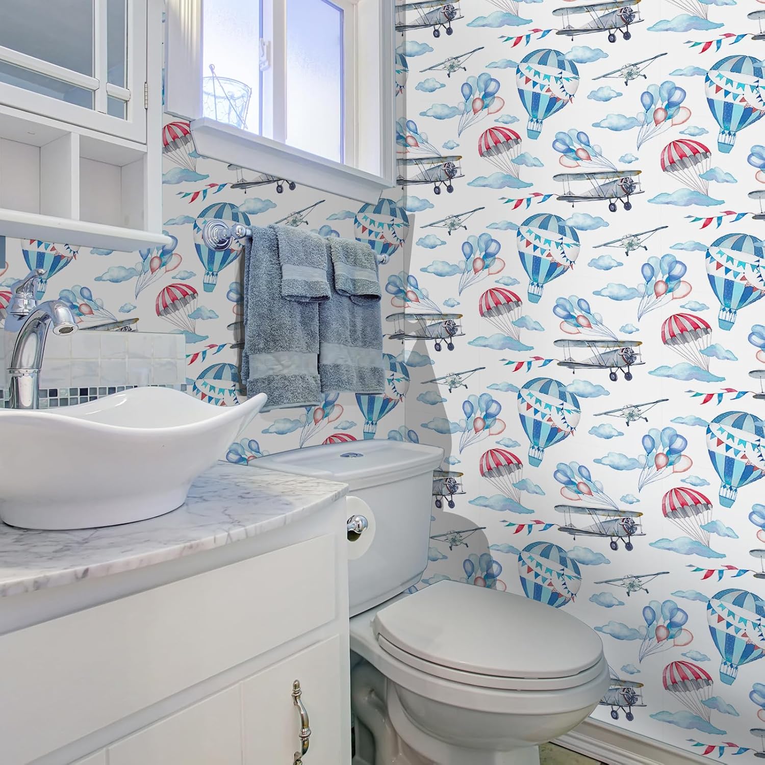 VaryStyle 17.7"x118" Bright Sky Wallpaper Kids Peel and Stick Wallpaper for Boys Room Blue/White Airplane/Balloon/Cloud Wallpaper Self Adhesive Removable Kids Contact Paper for Cabinets Walls Nursery