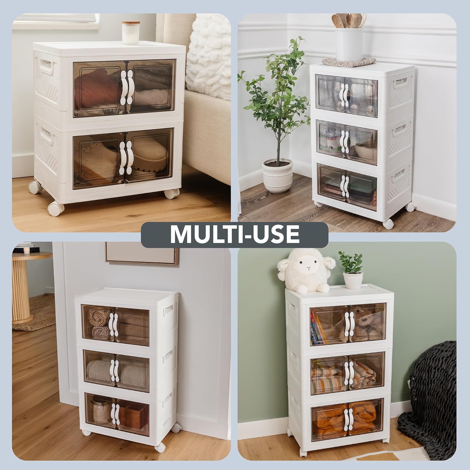 DALMAN 26QT Stackable Storage Bins with Lids - 3 Tier Wheeled Shelf Organizer Plastic Containers with Lids - Multipurpose Storage and Organization Shelving Unit with Magnetic Closure