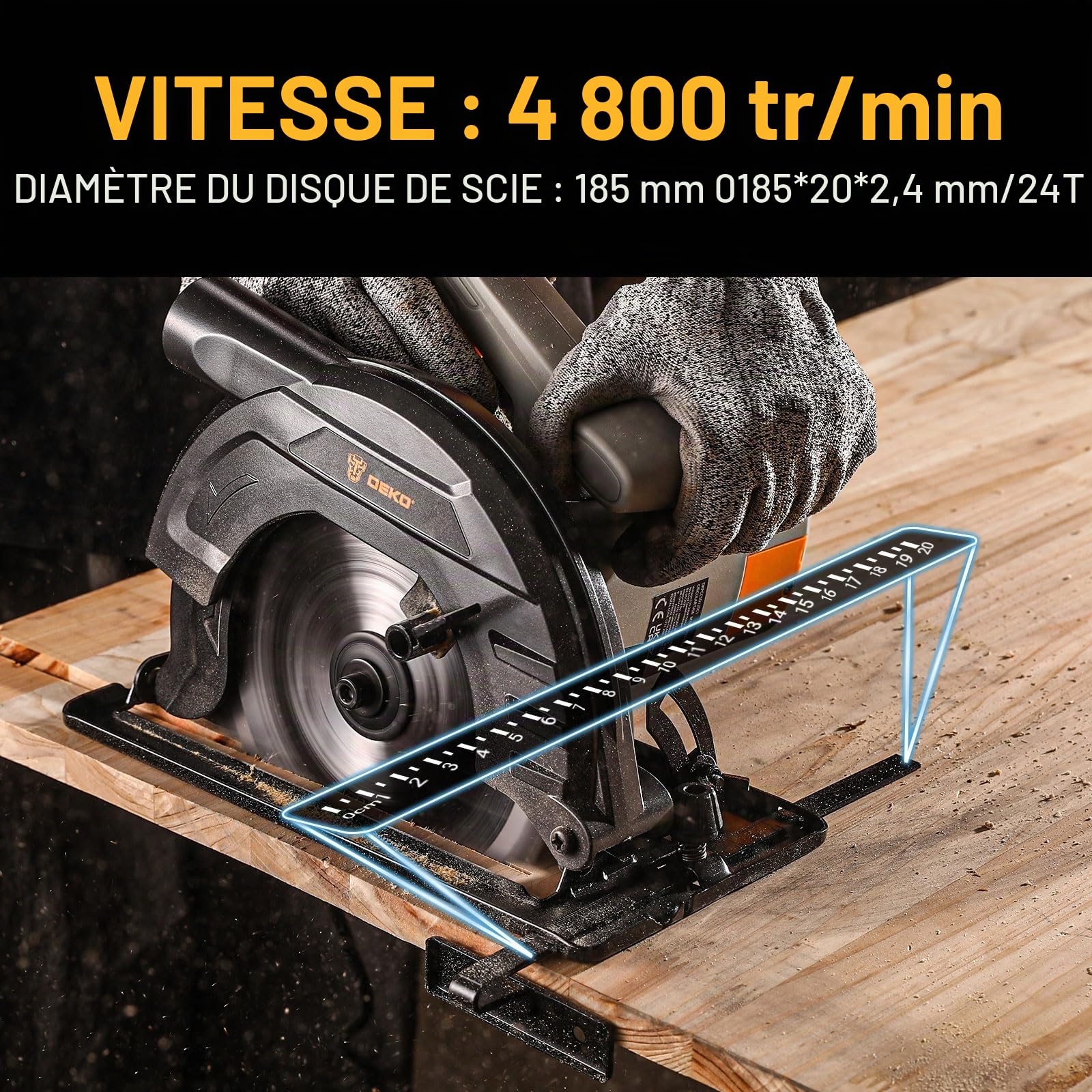 Scie Circulaire 1200W: DEKOPRO Scies Circulaires Électriques Haute Performance avec Lame 185 mm, Coupe de précision 65 mm (90°) et 43 mm (45°), 4800 RPM, avec Rail de Guidage, Parfaite pour Bois, PVC