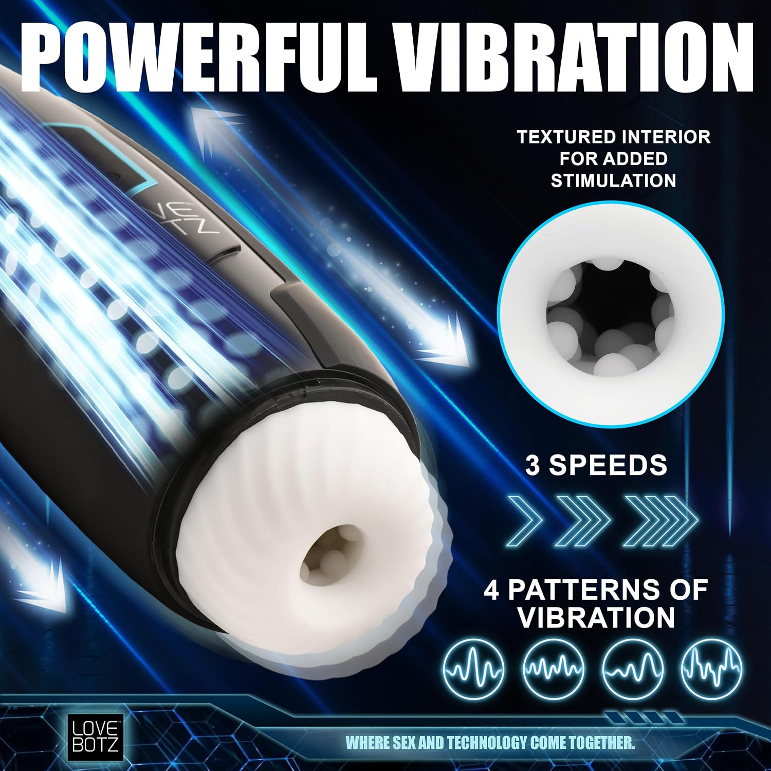 LOVEBOTZ The Milker Max 14X Thrusting & Vibrating Masturbator for Men & Couples. Stretchy, Soft, Textured, Removable Sleeve and Firm Case. Rechargeable with 3 Speeds and 4 Patterns. 1 Piece, Black.