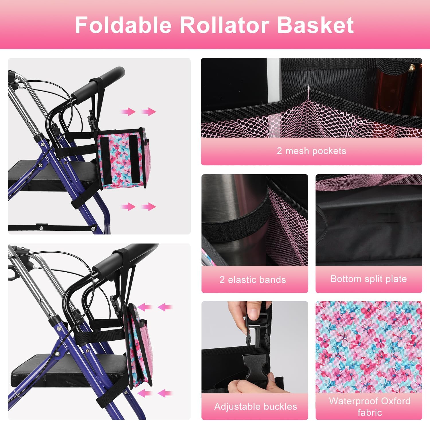 supregear Rollator Basket, Rollator Walker Bag w/Cup Holder, Foldable Rolling Walker Waterproof Storage Pouch with Big Capacity and Never Tipping Over, Easy to Use Accessories for Seniors image 5