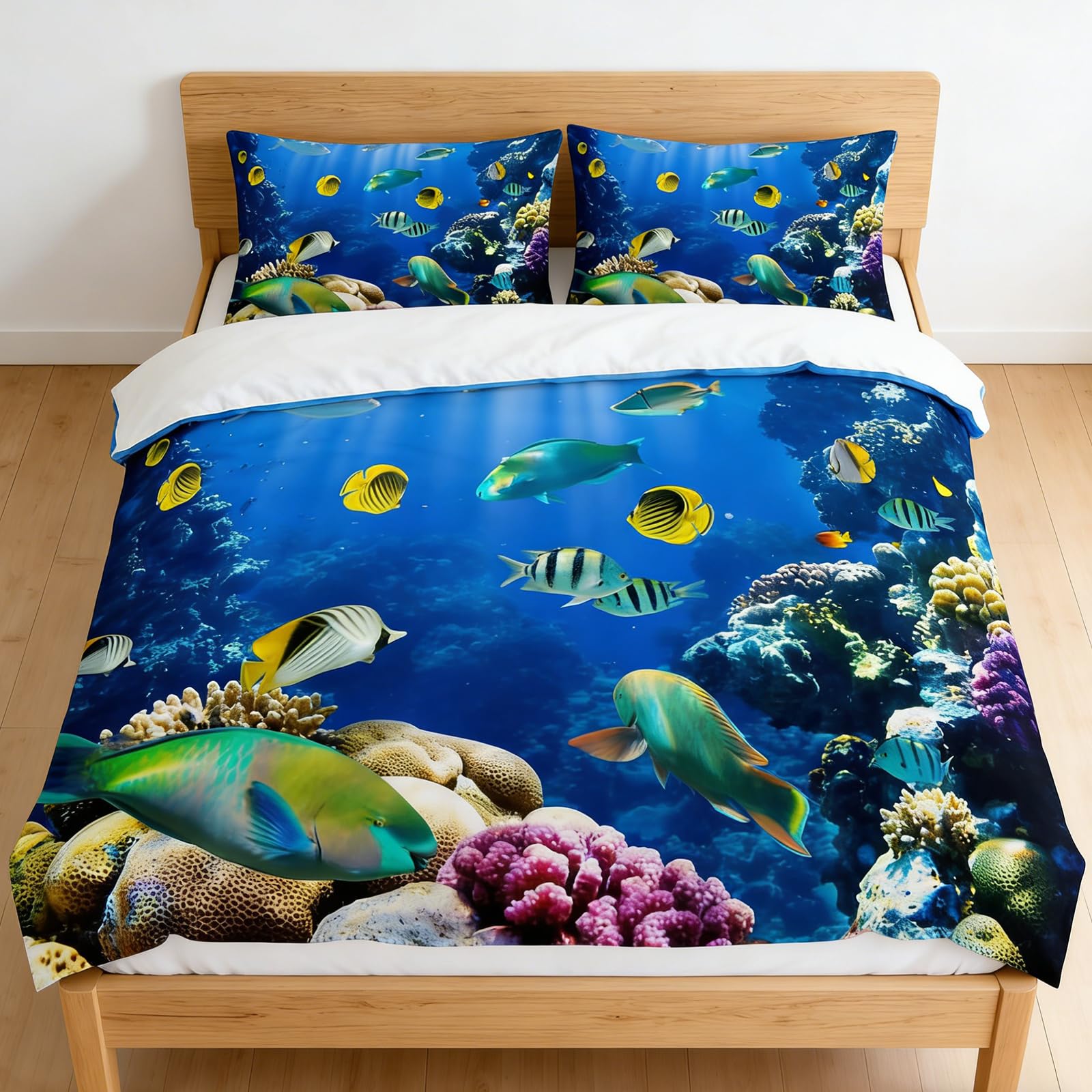 Juego de Ropa de Cama de Animales Marinos 3D, delfín, pez Tropical, Coral, Funda nórdica Vida Marina, Funda nórdica Mundo Submarino Azul para niños(C, 220 x 240 cm)