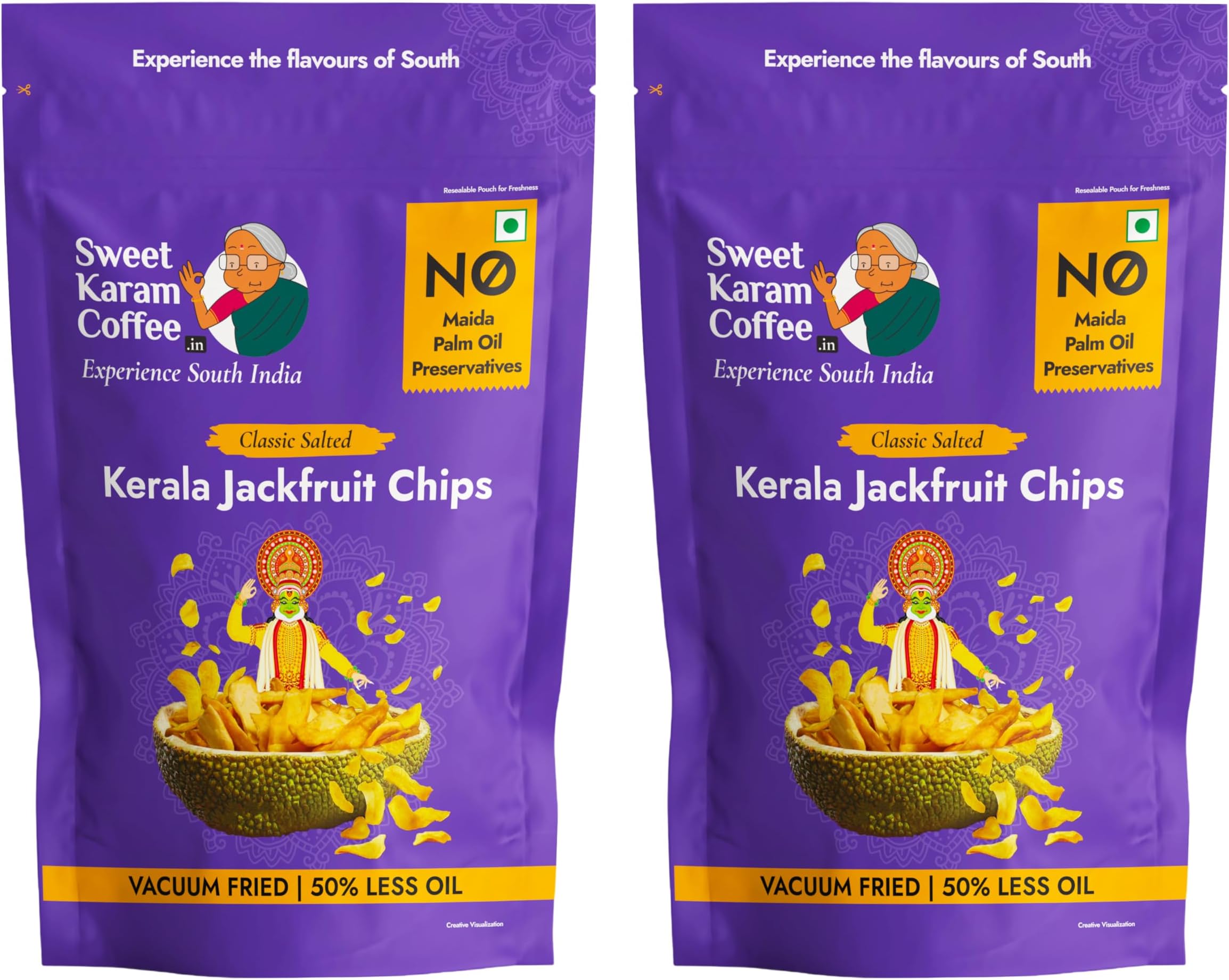 Sweet Karam Coffee Kerala Jackfruit Chips – Pack of 2 (50 g each) | Classic Salted Chakka Chips | No Palm Oil or Preservatives | Crunchy Vacuum Fried Snack | Traditional Homemade Recipe