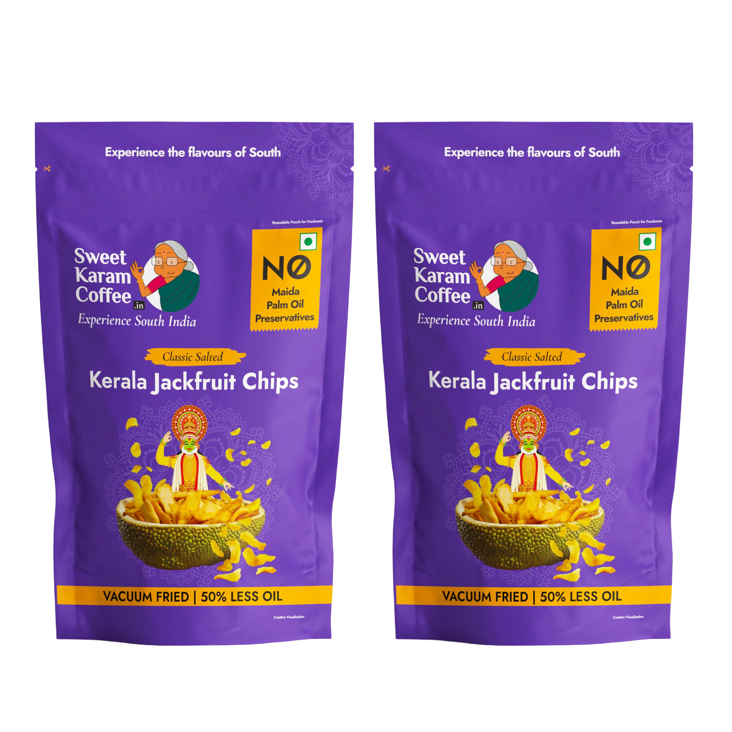 Sweet Karam Coffee Kerala Jackfruit Chips – Pack of 2 (50 g each) | Classic Salted Chakka Chips | No Palm Oil or Preservatives | Crunchy Vacuum Fried Snack | Traditional Homemade Recipe