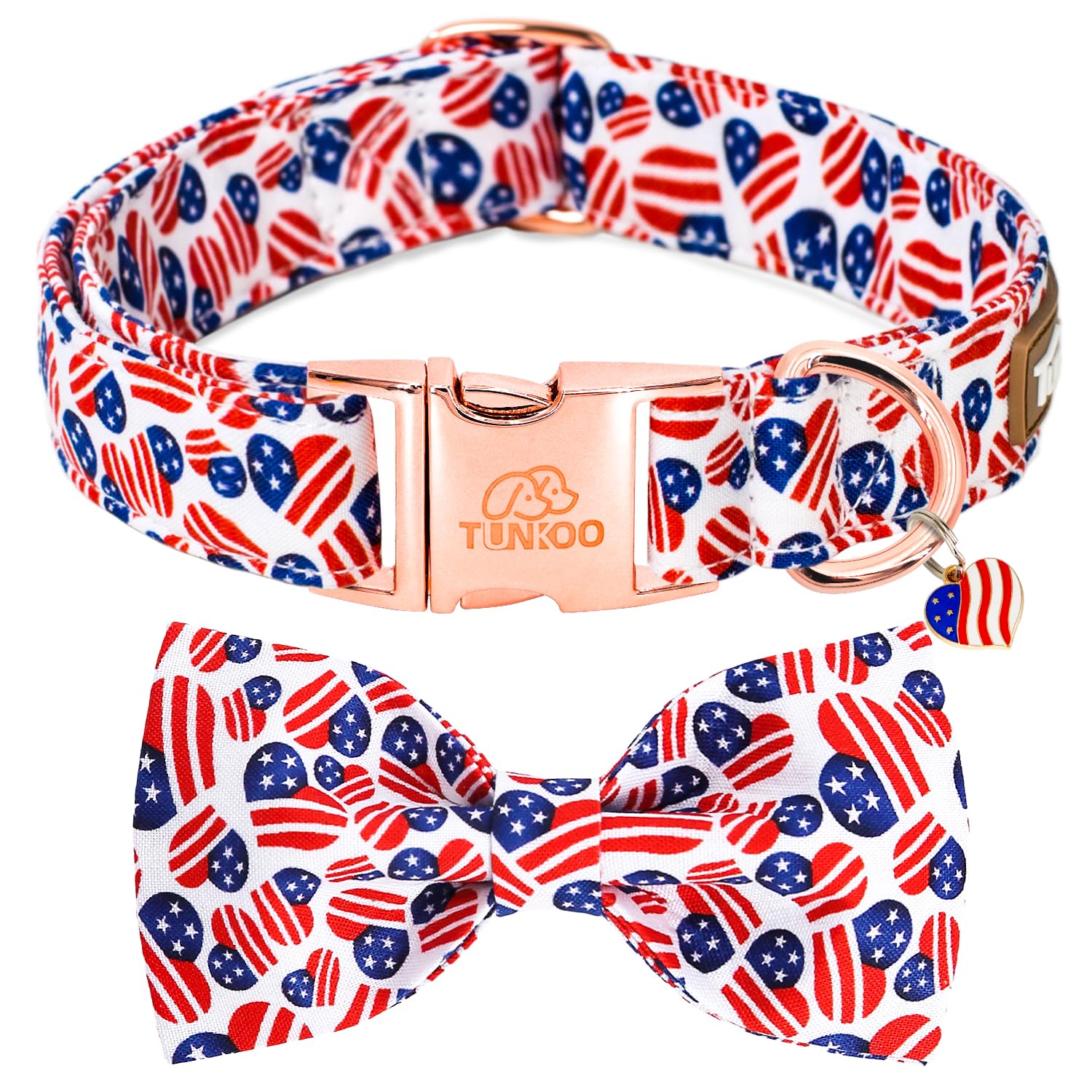 Tunkoo American Flag Dog Collar with Bow Tie Super Cute Heart, Adjustable and Stylish Pet Collar with Metal Buckle, Available in Small, Medium, Large