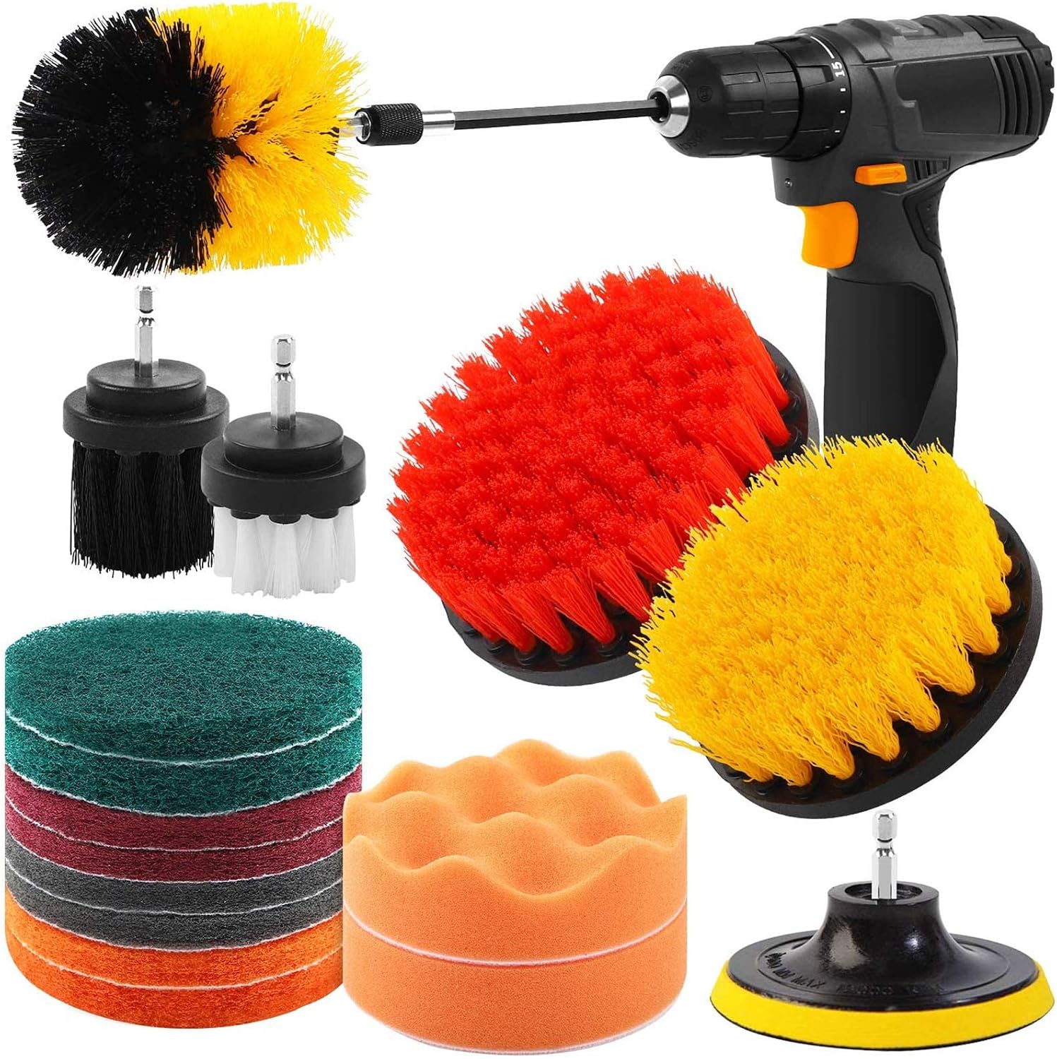HongWay 17 Piece Drill Brush Attachments Kit, Scrubber Pads, Sponge, with Extend Long Attachment, Bathroom or Kitchen Accessories, Scrub Brush Set for Cleaning Tile and Grout