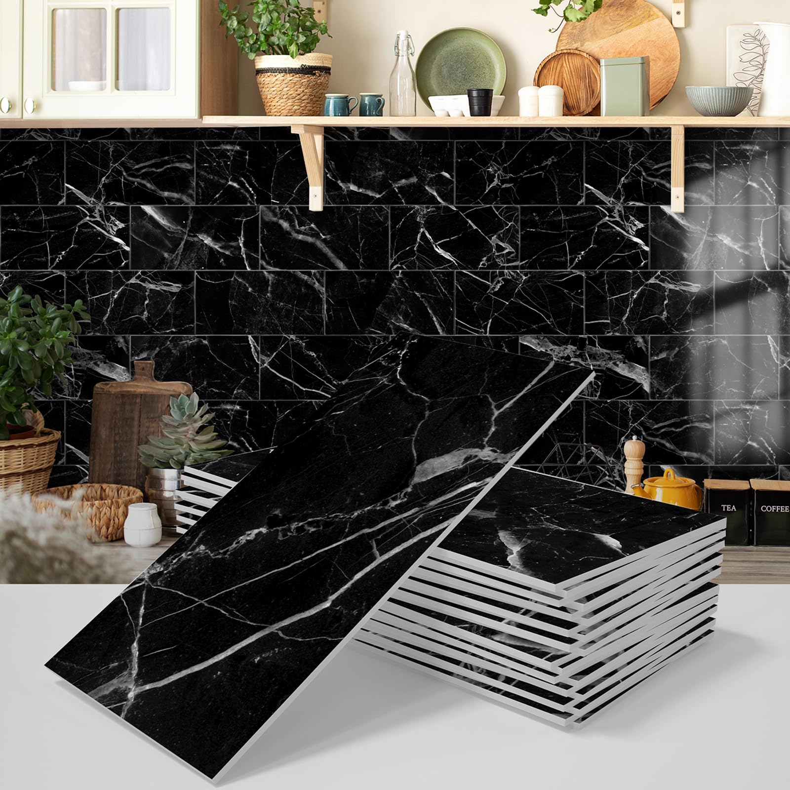 CECEKIS Peel and Stick Backsplash Tile, 32 PC Pack (8" X 4") Thicker Glass Subway Tiles Waterproof Oil Proof Removable Decals for Bathroom & Kitchen Backsplash (Black Marble)