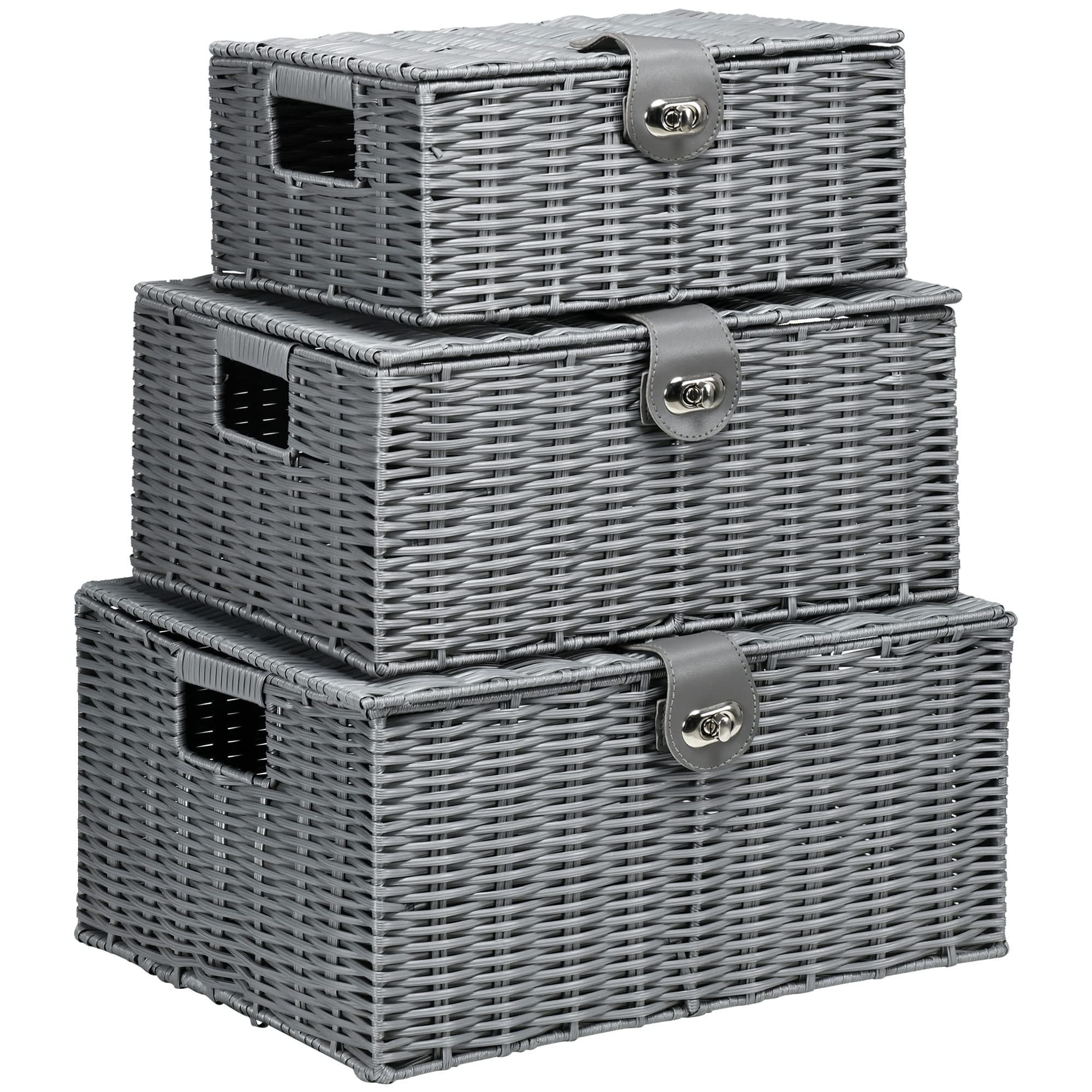 HOMCOM Cajas de Almacenaje de Ratán Plástico 3 Piezas Cestas de Almacenamiento con Tapa y Cerradura para Libros Juguetes Organizadores de Ropa para Dormitorio Baño Gris