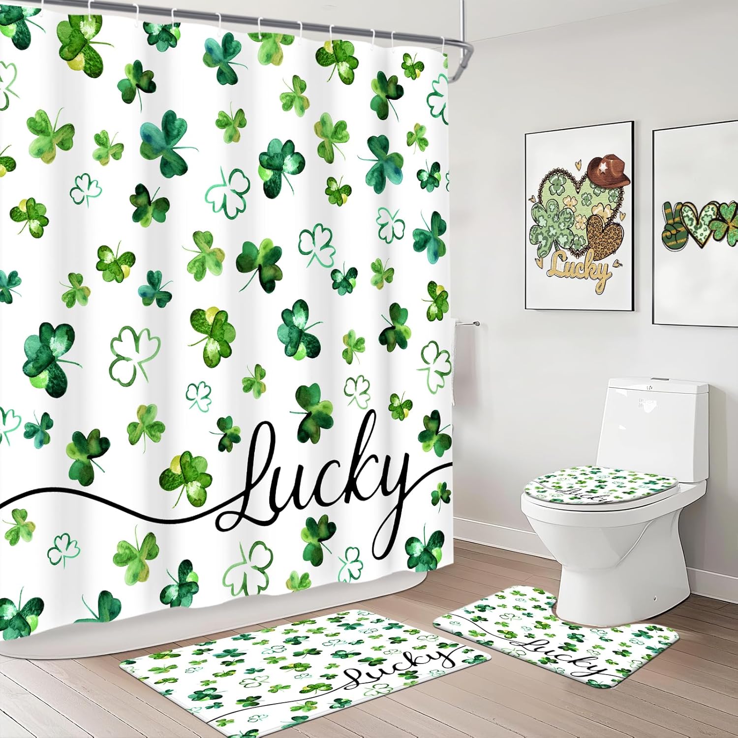 MEHOFOND St. Patrick's Day Shower Curtain Sets 4 Pcs with Shower Curtain,Non-Slip Rugs,Toilet Lid Cover, Bath Mat and 12 Hooks Green Shamrock Lucky Home Decor St. Patricks Day Clover Bath Curtain Set