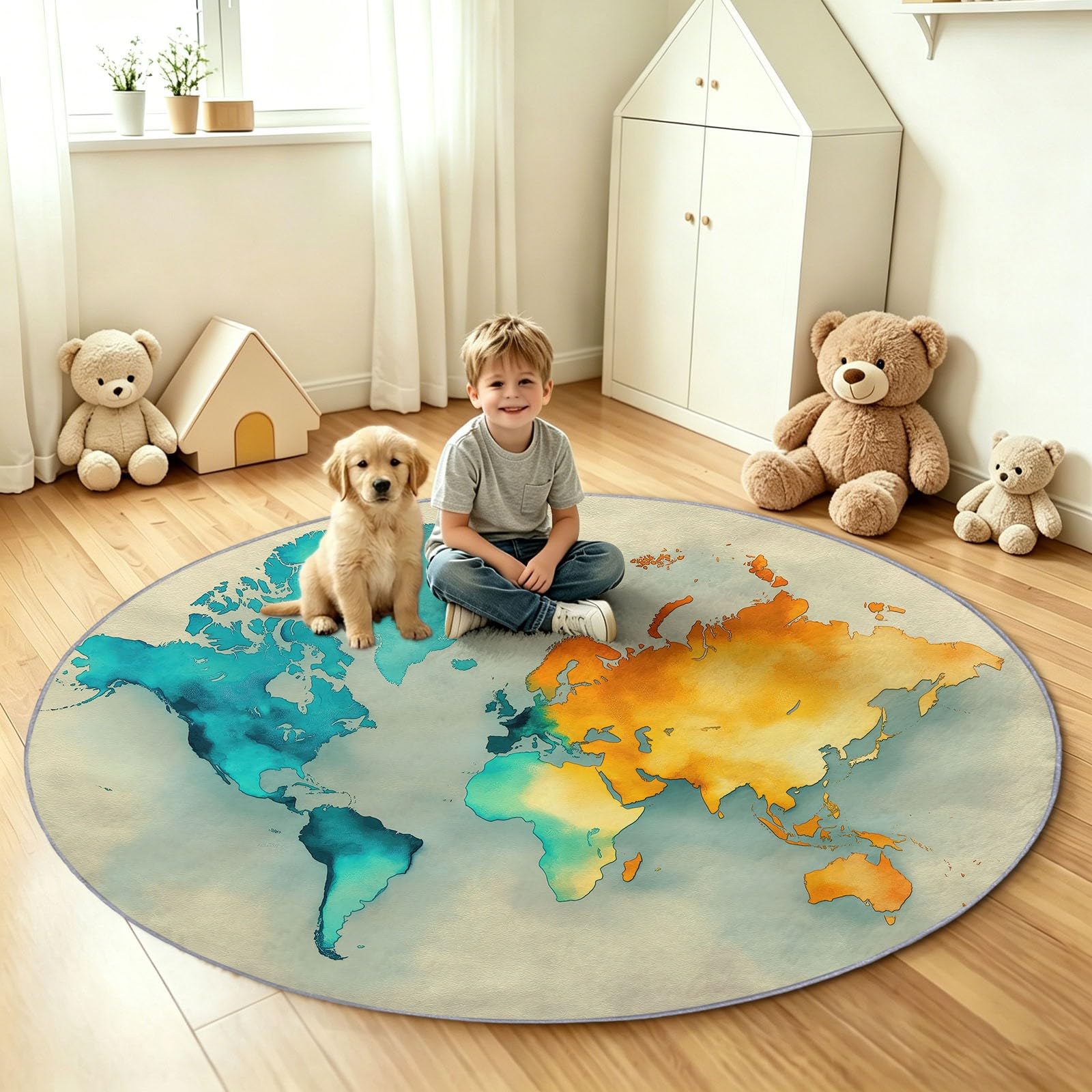Runder Teppich 180 cm, Weltkarte Atlas Erdkugel Globus Weich Rutschfest Kurzflor Wohnzimmer Schlafzimmer Matte | Waschbar Kunstwolle Küchenteppich, Modern Teppich für Kinderzimmer Esszimmer Büro