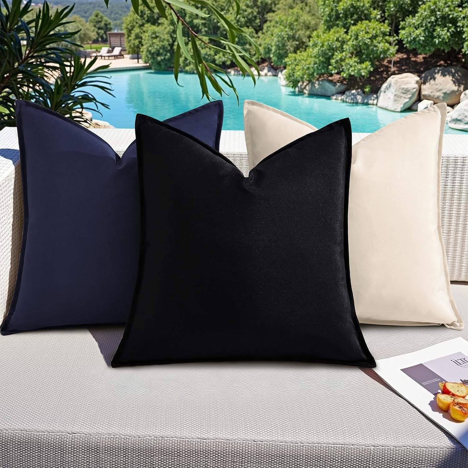 decorUhome Outdoor Waterproof Faux Linen Throw Pillow Covers 20x20 Inch Set of 2 Decorative Natural Farmhouse Pillow Cases with Flange Edges for Summer Couch Garden Patio Balcony Porch, Navy Blue