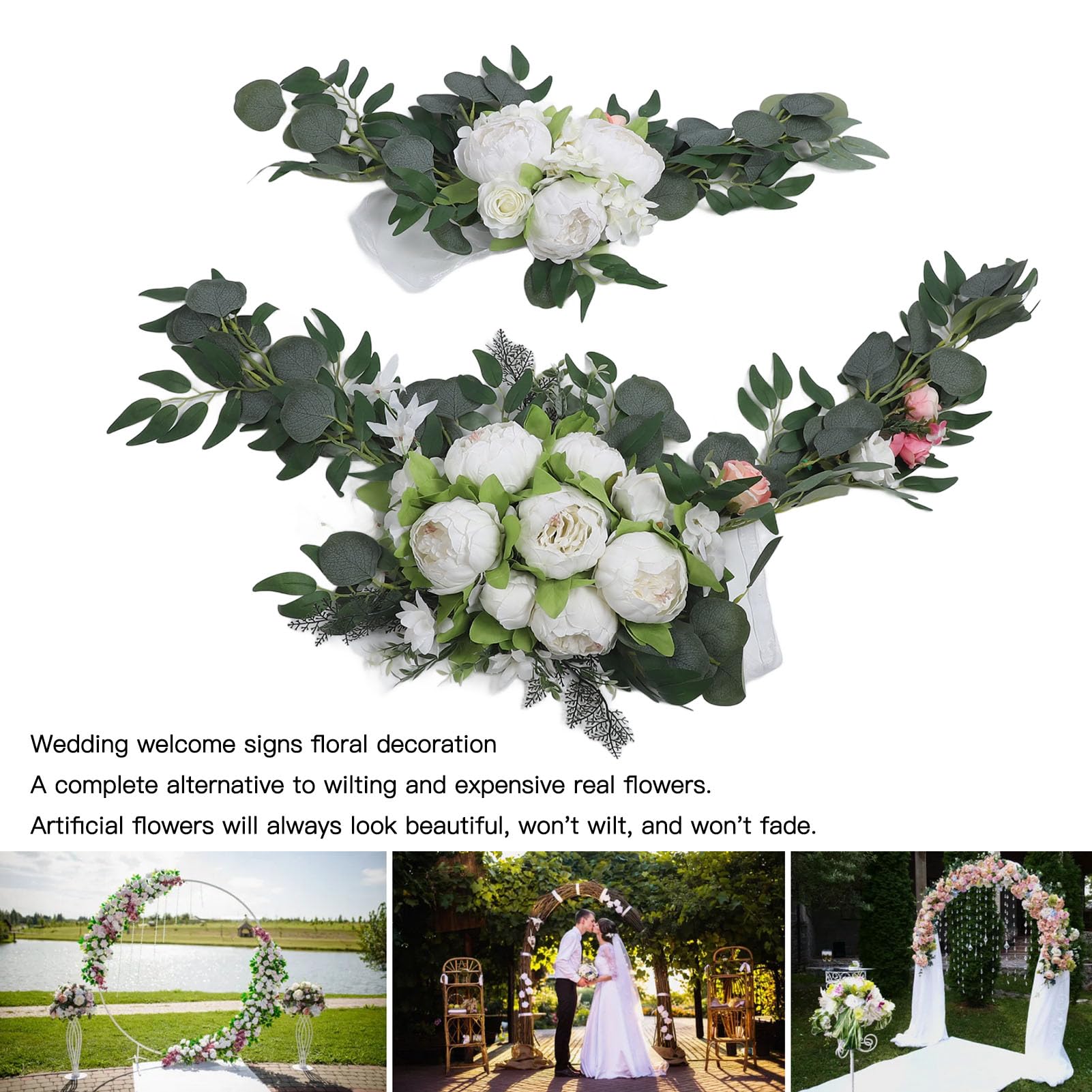 flexman 2 Stück Künstliche Hochzeitsbogen Blumen, Hochzeitsbogen Blumen, Willkommensschilder, Blumendekoration für Hochzeit Im Freien, Strandhochzeit, Gartenhochzeit (Weiß)
