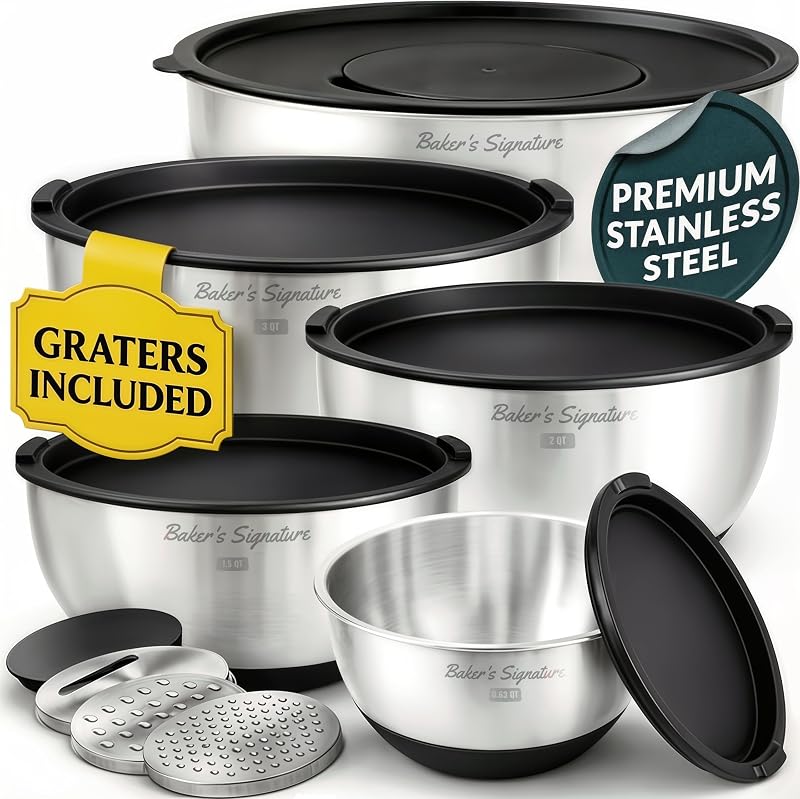 Stainless Steel Mixing Bowls with Lids Set of 5, 3 Graters, Black | Nesting Design with Airtight Covers & Non-Slip Base – Mirror Finish for Food Prep, Storage, Baking & Serving
