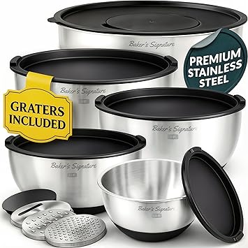 Baker's Signature Stainless Steel Mixing Bowls with Lids Set, 5 Sizes, 3 Graters, Non-Slip Base, ...