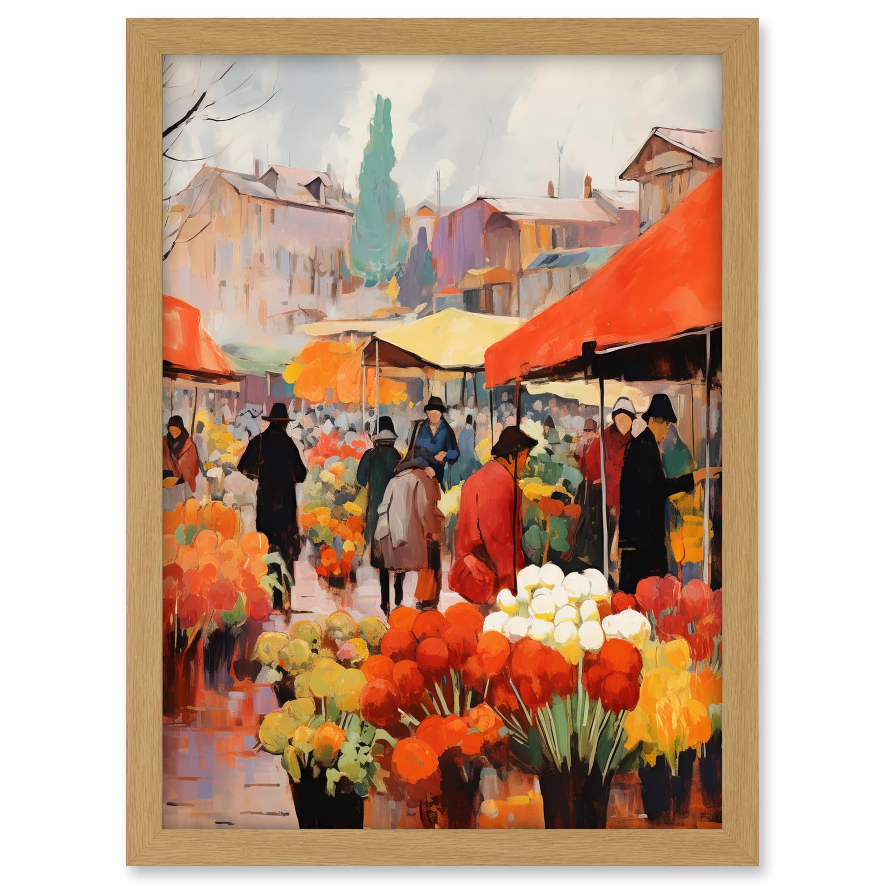 Artery8 Busy Flower Market Warm Amber Orange Yellow Oil Painting Artwork Framed A3 Wall Art Print