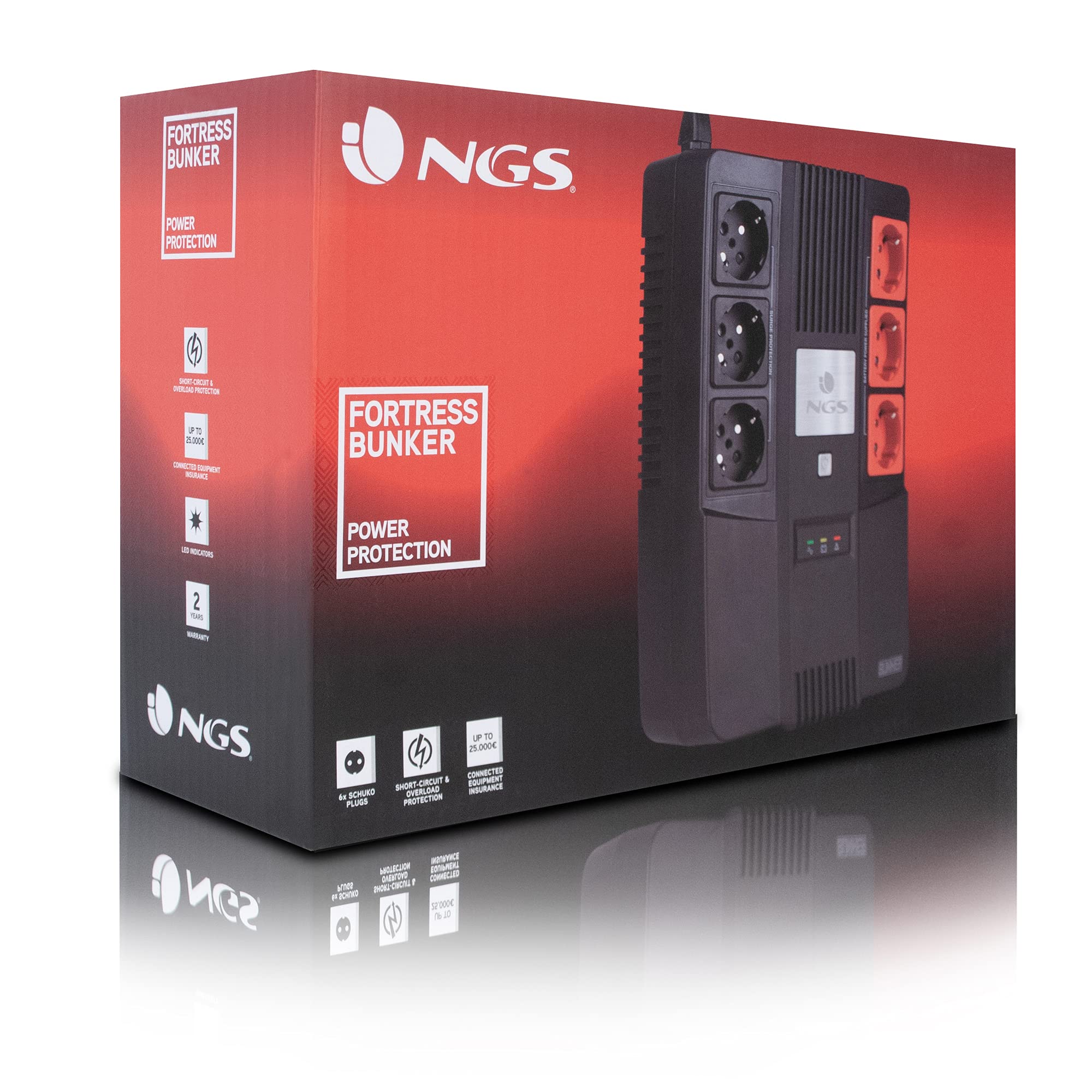 NGS FORTRESSBUNKER - Gruppo di Continuità SAI, Off Line UPS 600 VA 360W con Batteria Incorporata 12V/7Ah e 6 Prese Schuko con Protezione contro i Picchi di Tensione