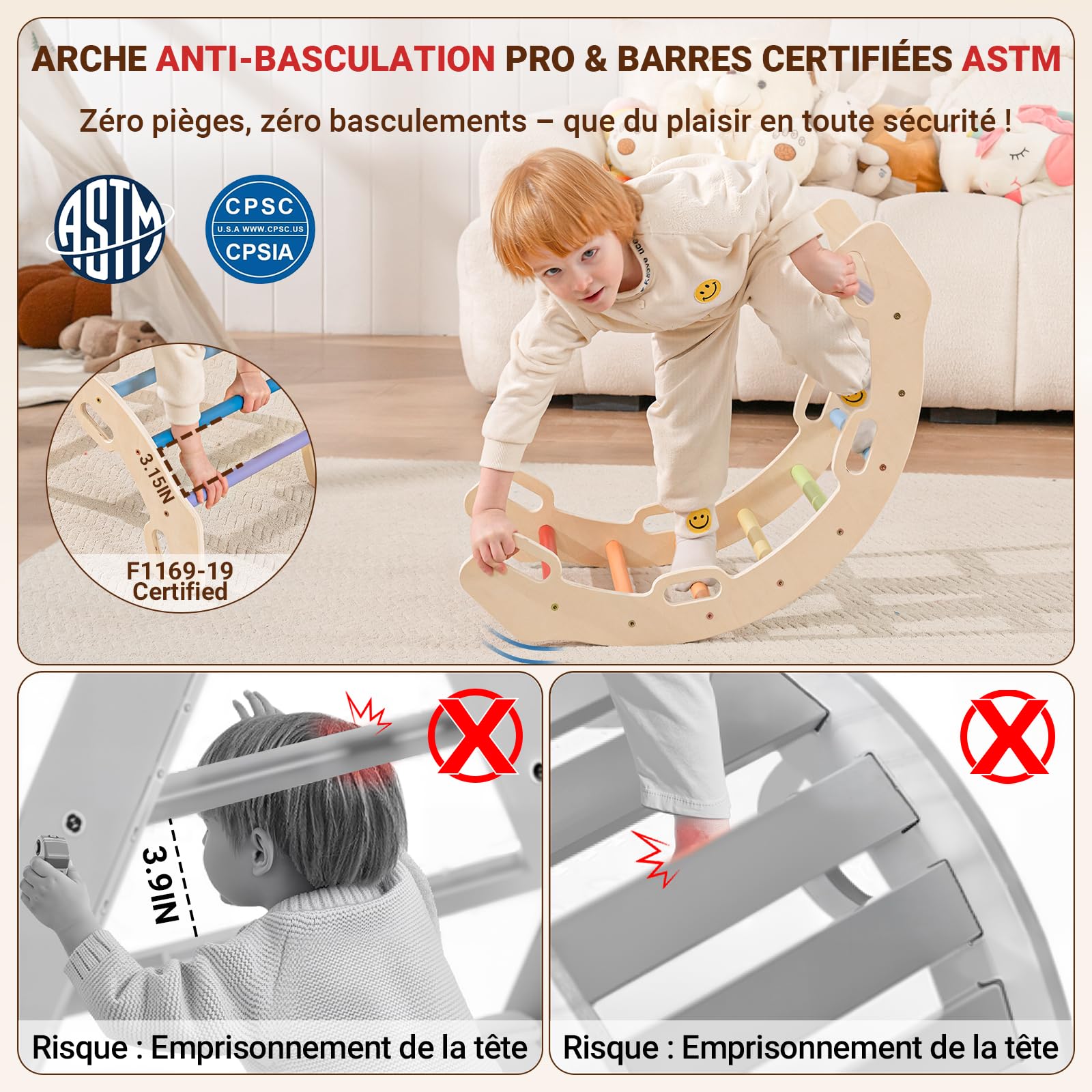 COSYLAND Triangle d’Escalade Montessori 8-en-1 en Bois, Arche Pliable pour Enfants 1-6 Ans, Parcours de Motricité Hauteur Réglable, Charge 80 kg, Boîte Cadeau Colorée (Arc-en-Ciel)