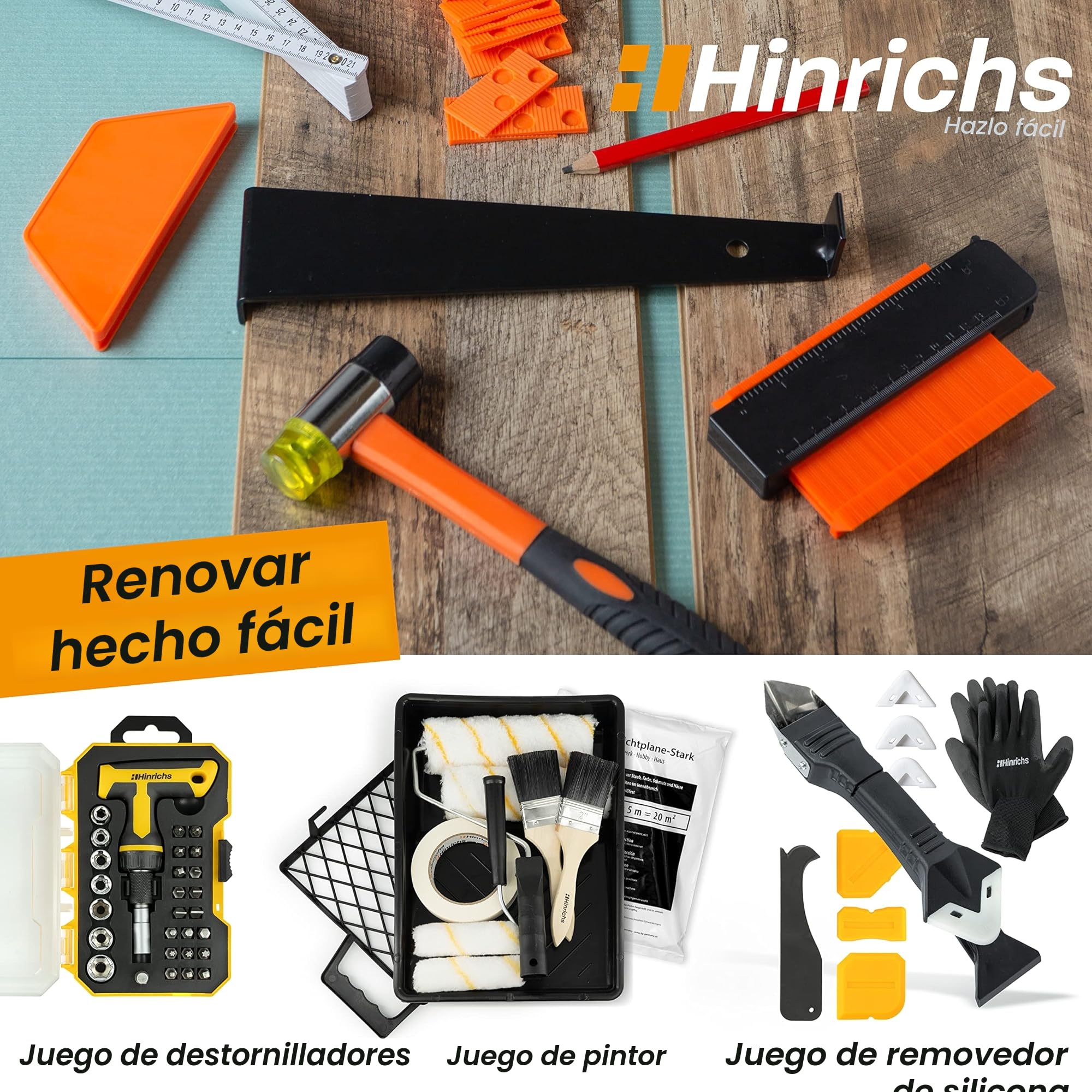 Hinrichs Kit de Colocación de Suelo Laminado - Juego Completo de 46 Piezas - Kit Instalación Suelo Laminado y Herramientas de Colocación de Suelos - Colocación de Laminado