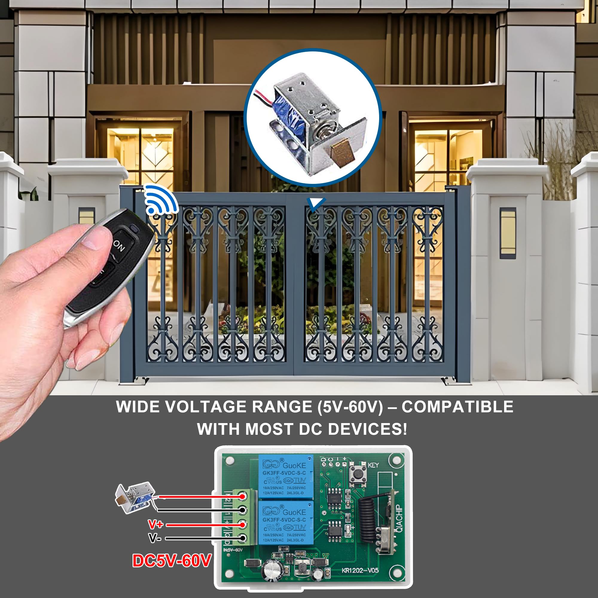 Contrôleur de moteur DC 12V DC, Commutateur de télécommande sans fil RF 433Mhz 10A Récepteur de relais avec 4 émetteurs, pour la rotation avant et arrière des moteurs, porte de porte, volet roulant