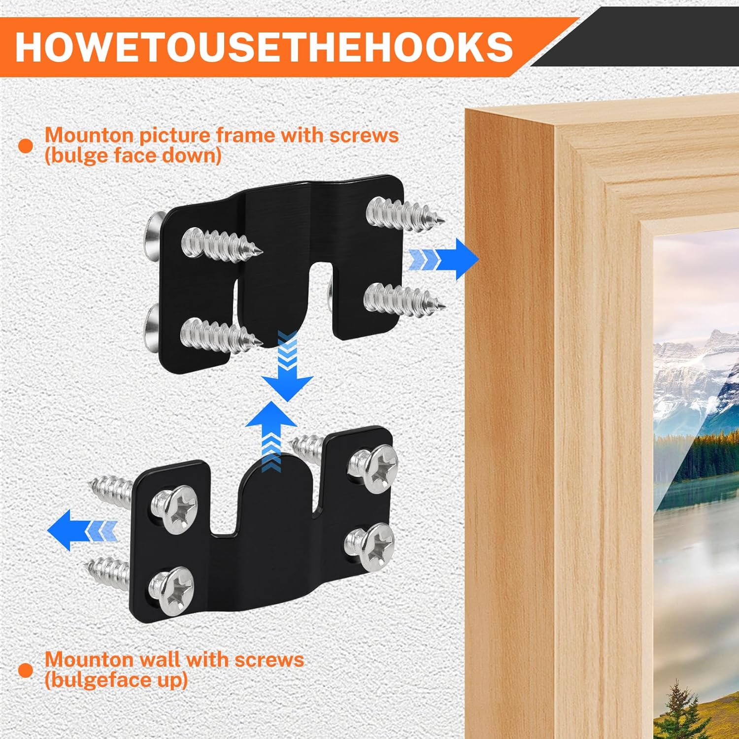 4 Pairs Flush Mount Bracket, Interlocking Hanging Buckle with Screws 4 Sets, Stainless Steel Picture Hanging Hardware, Furniture Connector and Couch/Headboard/Art Gallery Wall Mounting Connectors