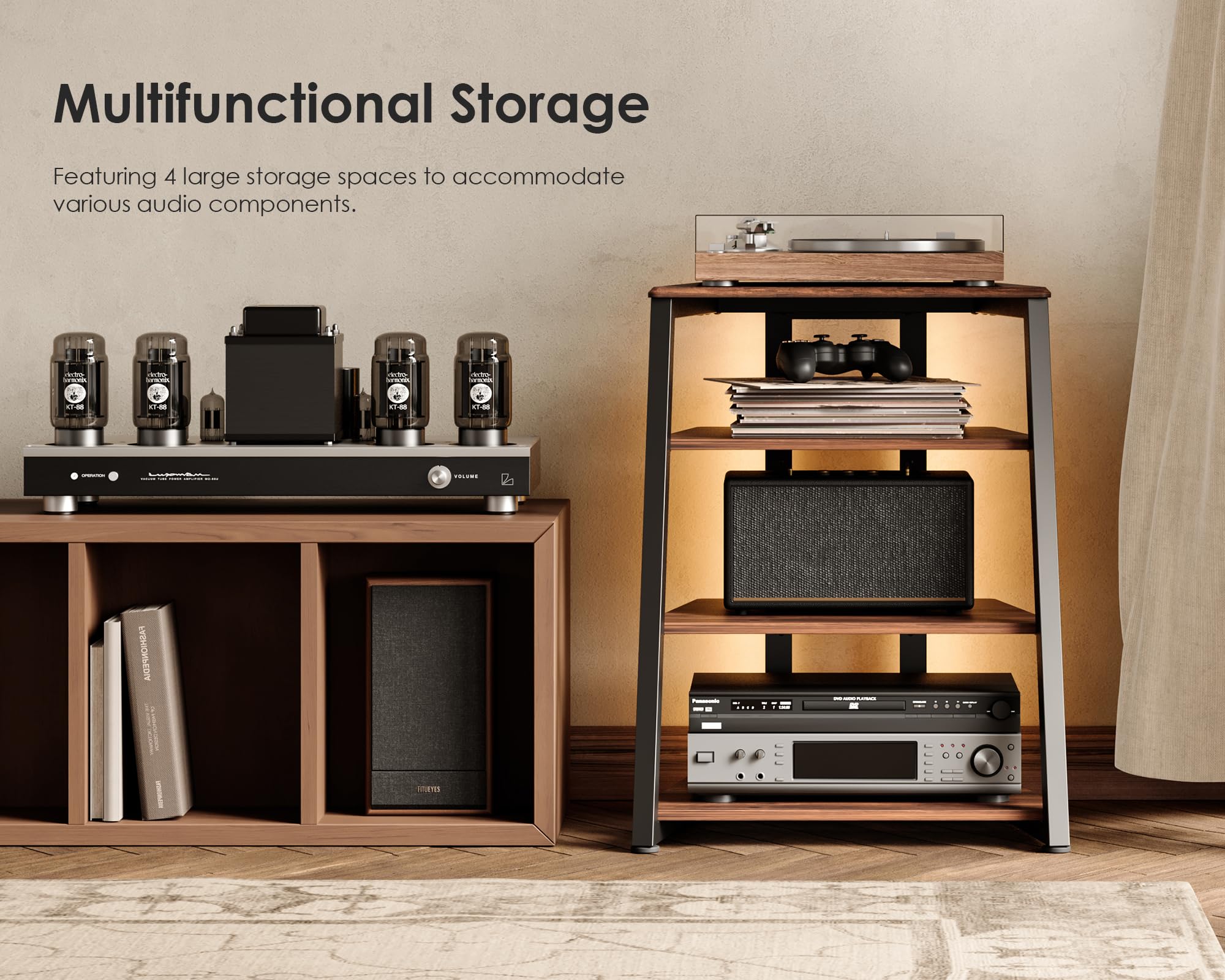 FITUEYES Meuble HiFi en Bois et Acier avec Bande LED 61 x 52 x 78 cm Marron Série Eiffel