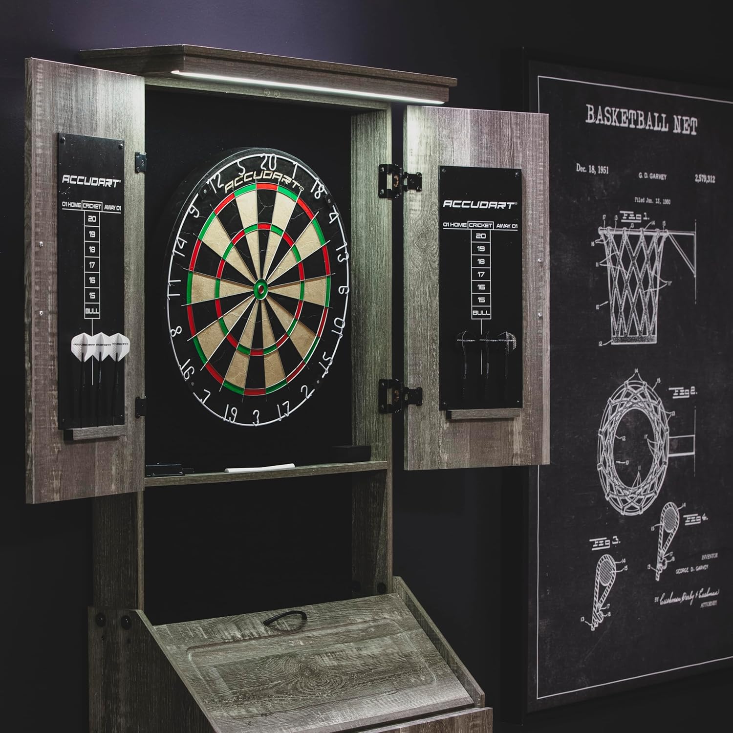 Accudart Dartboard Cabinet Set with LED Lighting – Premium Brazilian Sisal Board, Staple‑Free Razor Wire, Weathered Grey Cabinet, Built‑in Storage, Dual Chalkboards – Includes Steel‑Tip Darts