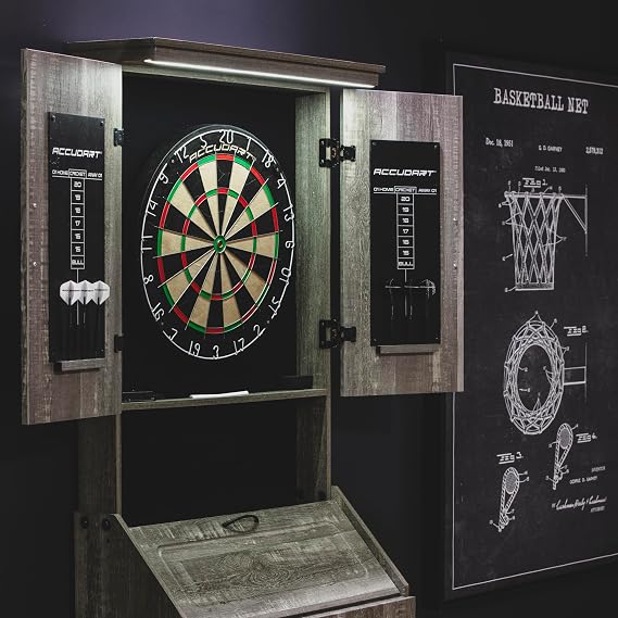 Accudart Dartboard Cabinet Set with LED Lighting Premium Brazilian Sisal Board, StapleFree Razor Wire, Weathered Grey Cabinet, Builtin Storage, Dual Chalkboards Includes SteelTip Darts