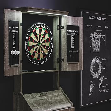 Accudart Dartboard Cabinet Set with LED Lighting Premium Brazilian Sisal Board, StapleFree Razor Wire, Weathered Grey Cabinet, Builtin Storage, Dual Chalkboards Includes SteelTip Darts